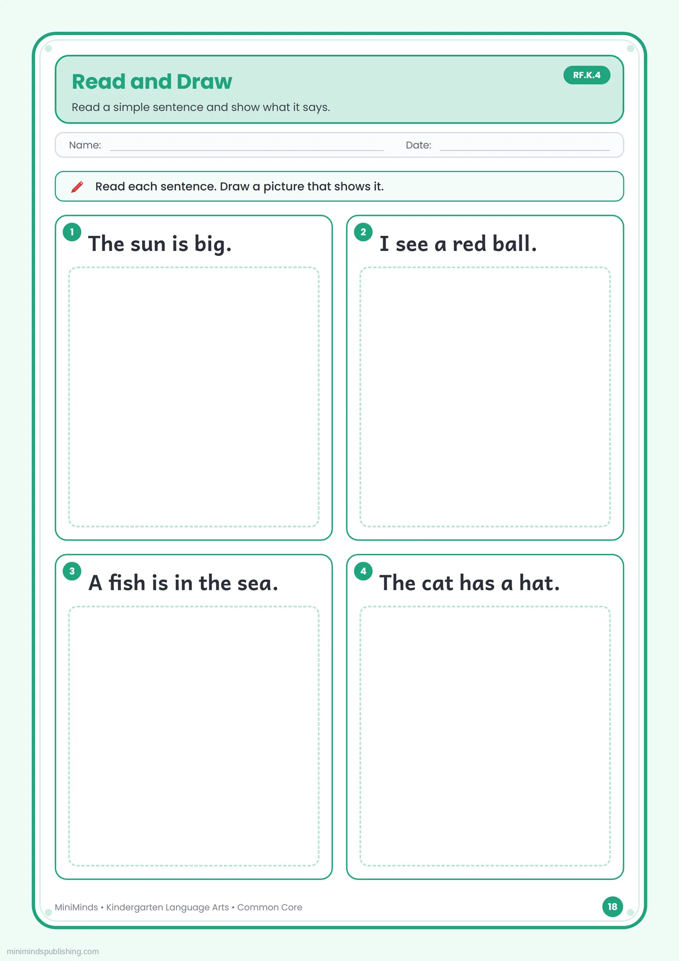 Read and Draw — free printable Kindergarten reading & writing worksheet for ages 5-6