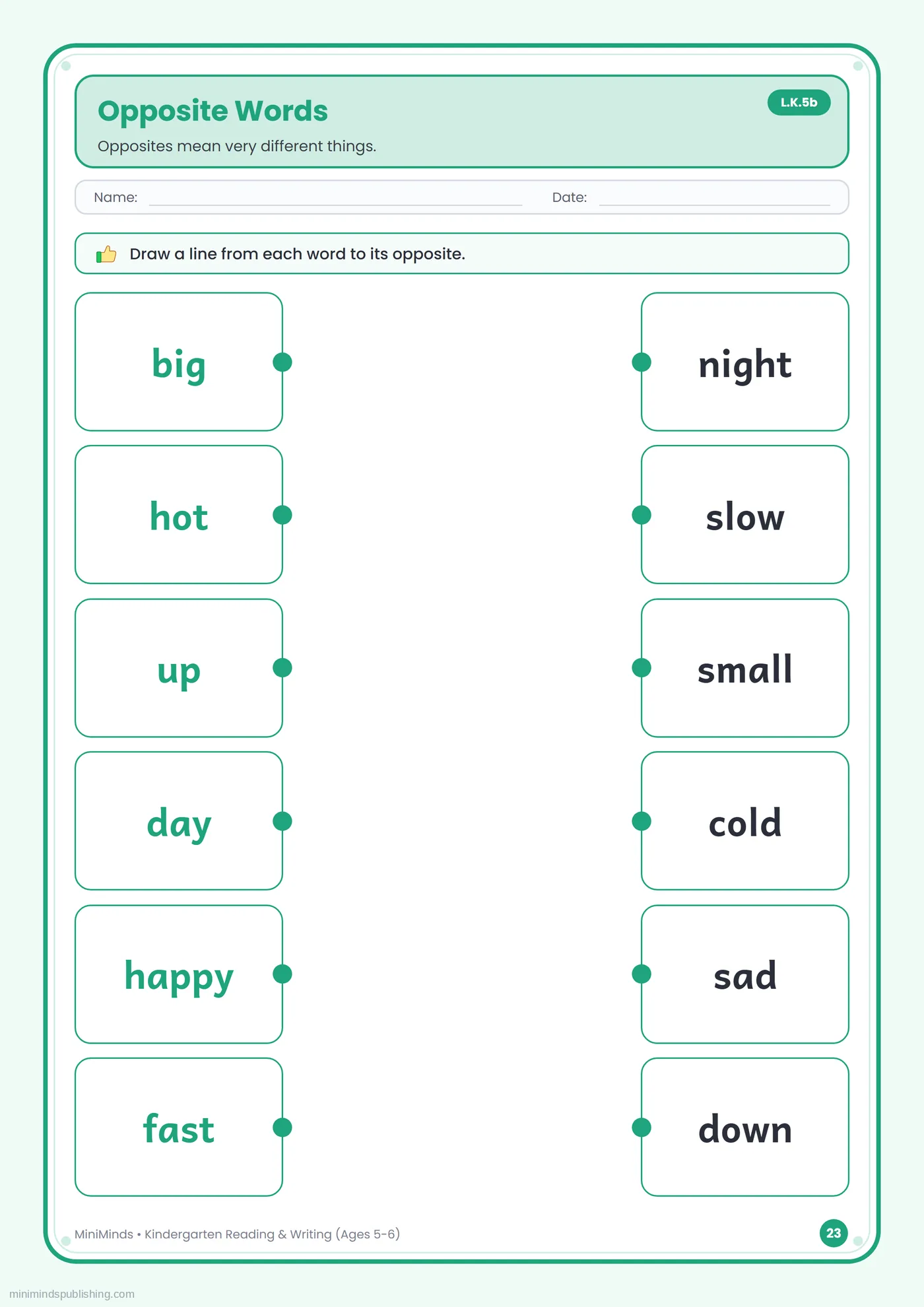 Opposite Words — free printable Kindergarten reading & writing worksheet for ages 5-6