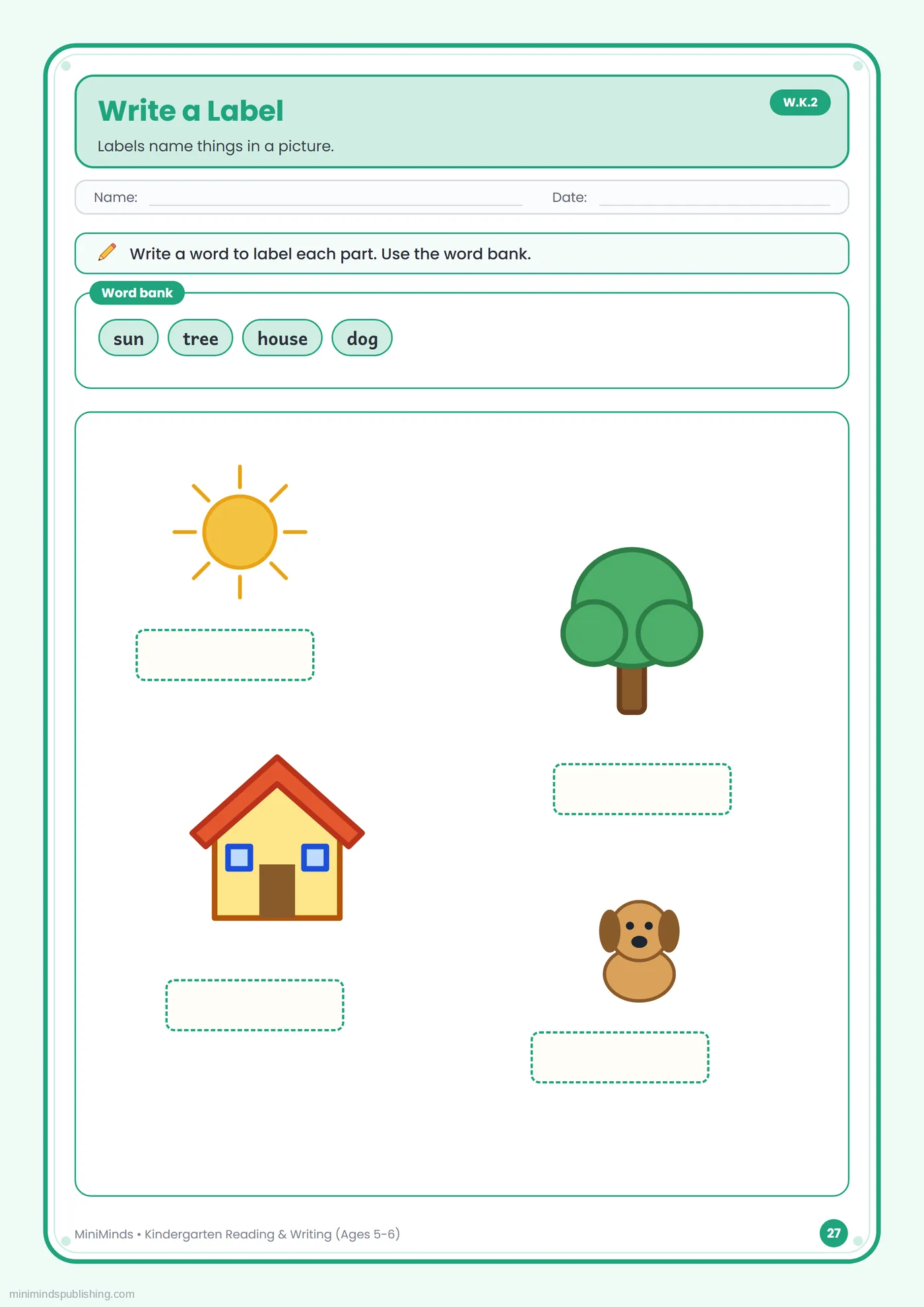 Write a Label — free printable Kindergarten reading & writing worksheet for ages 5-6