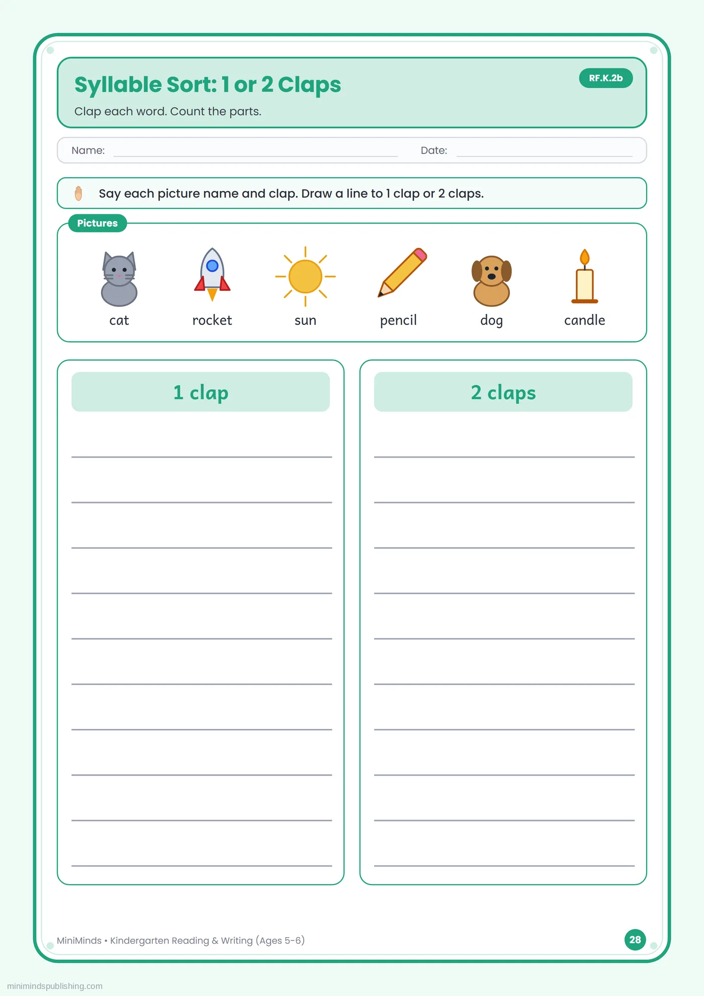 Syllable Sort: 1 or 2 Claps — free printable Kindergarten reading & writing worksheet for ages 5-6
