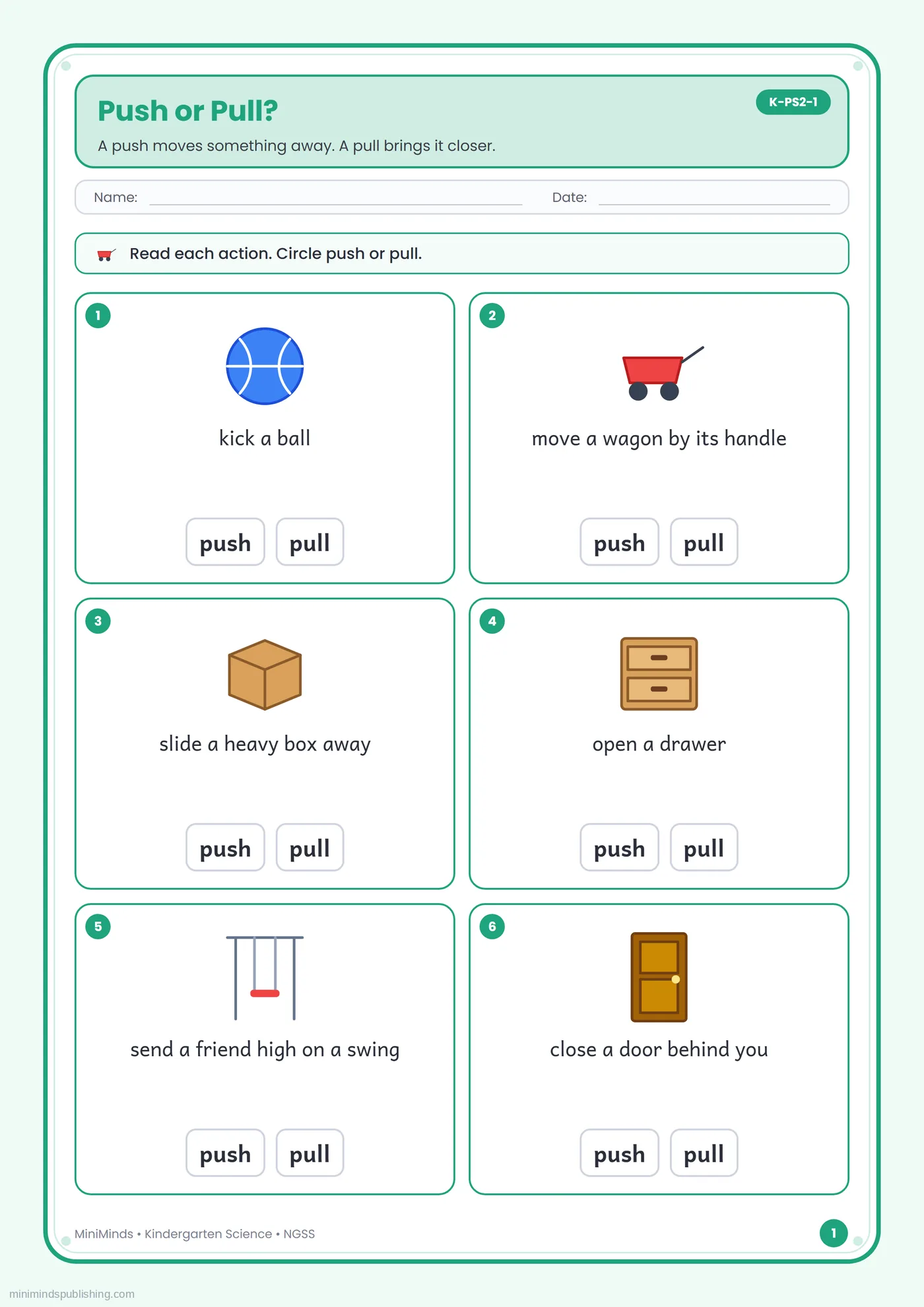 Push or Pull? — free printable Kindergarten science worksheet for ages 5-6