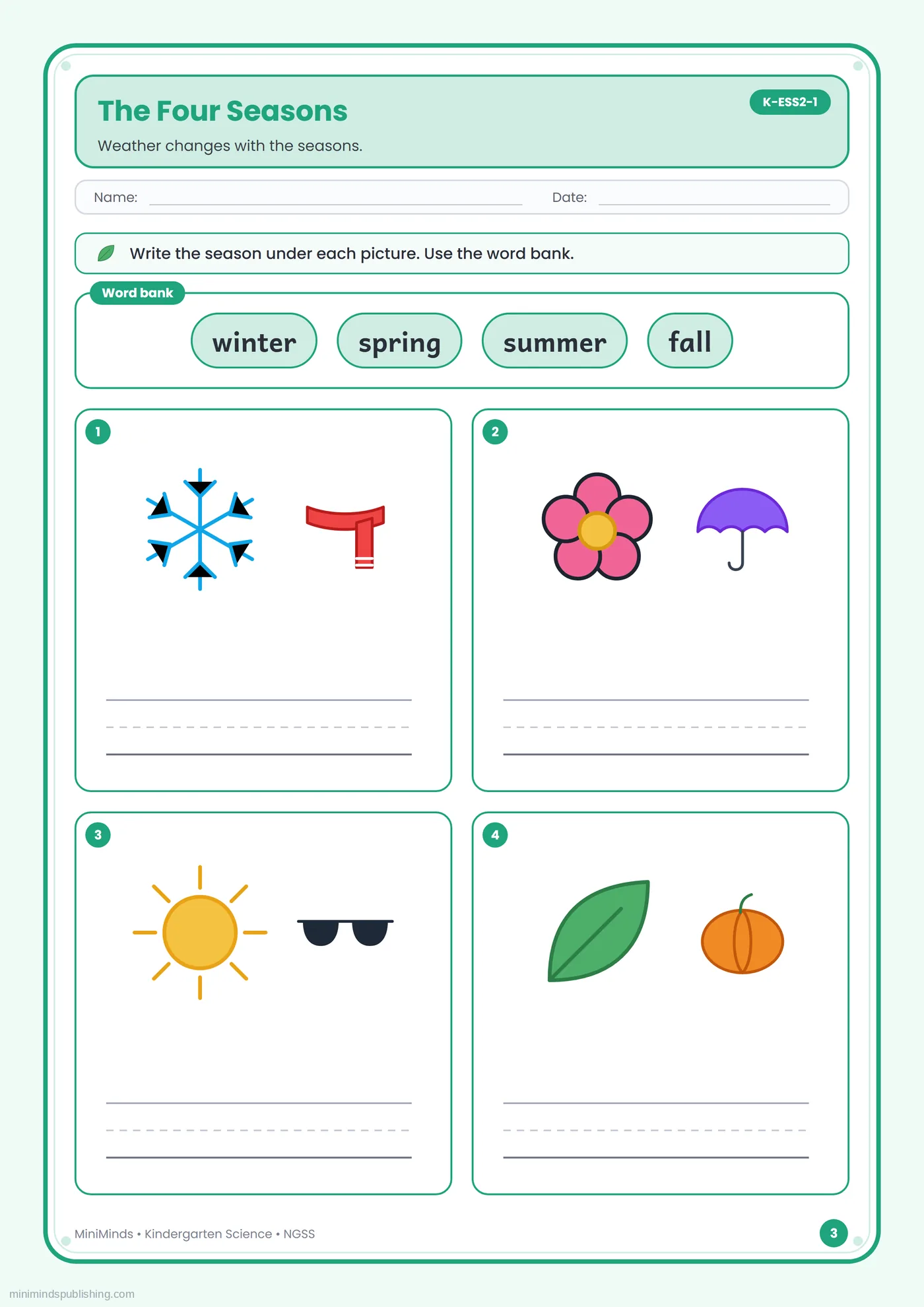 The Four Seasons — free printable Kindergarten science worksheet for ages 5-6