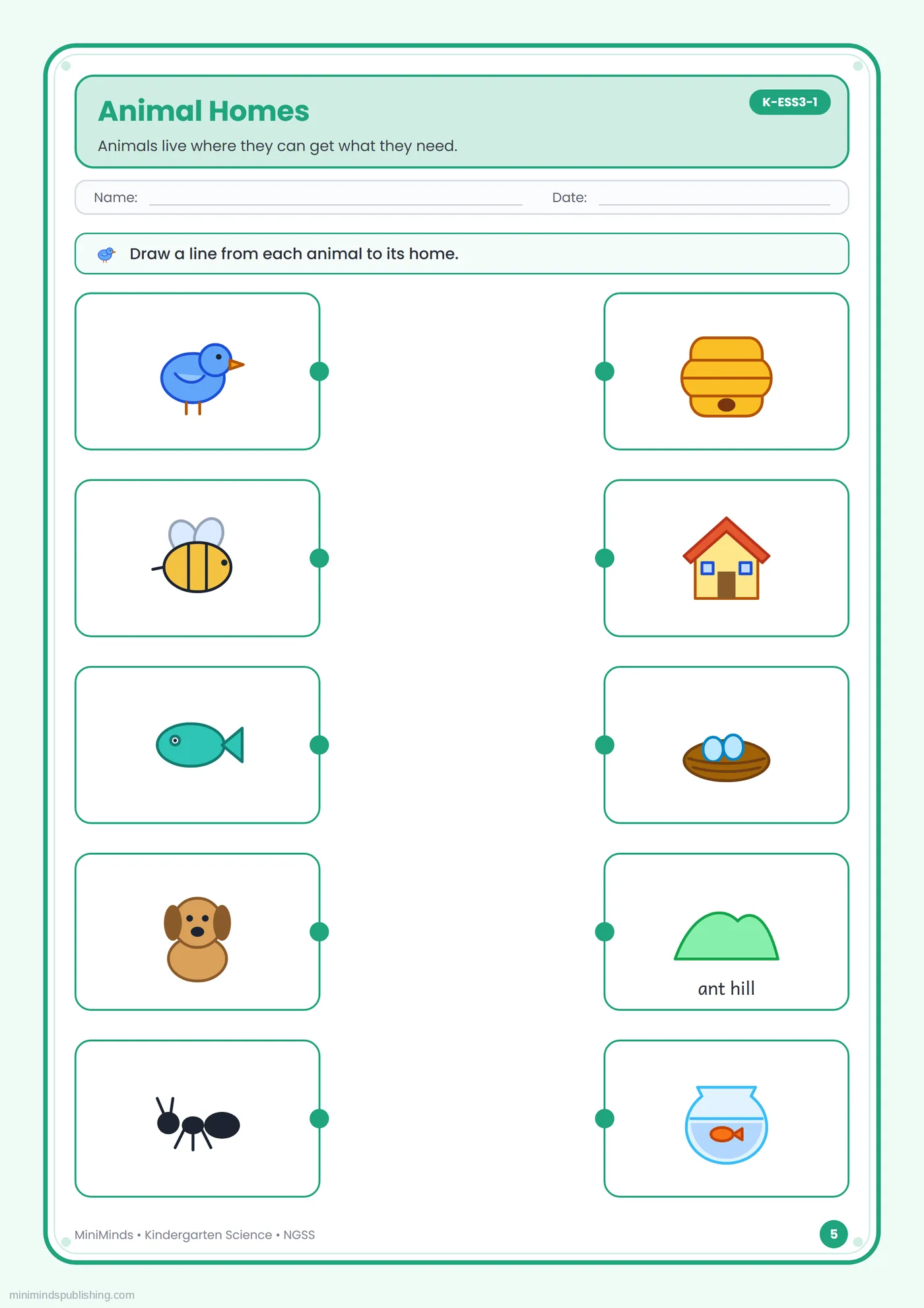Animal Homes — free printable Kindergarten science worksheet for ages 5-6