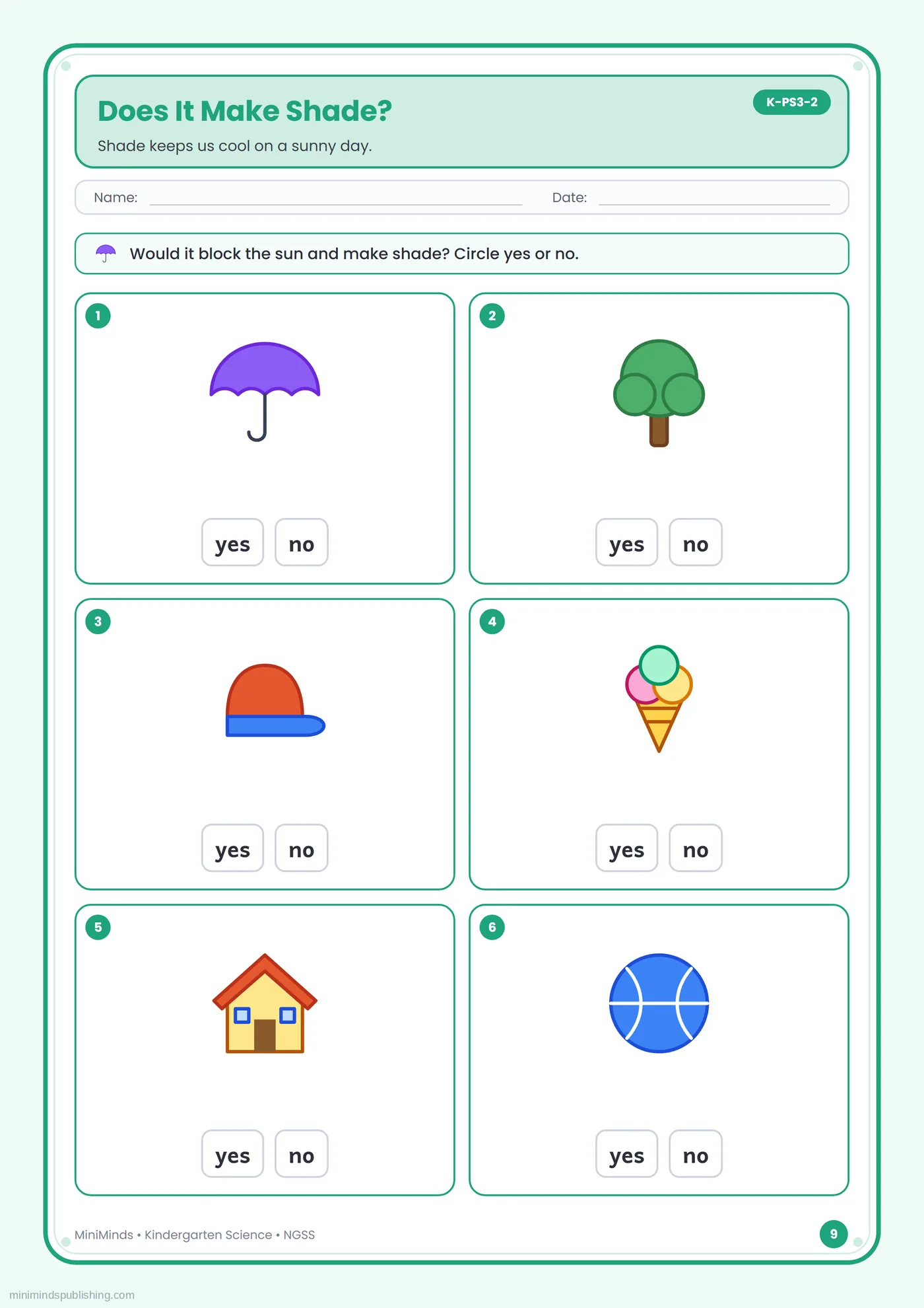 Does It Make Shade? — free printable Kindergarten science worksheet for ages 5-6