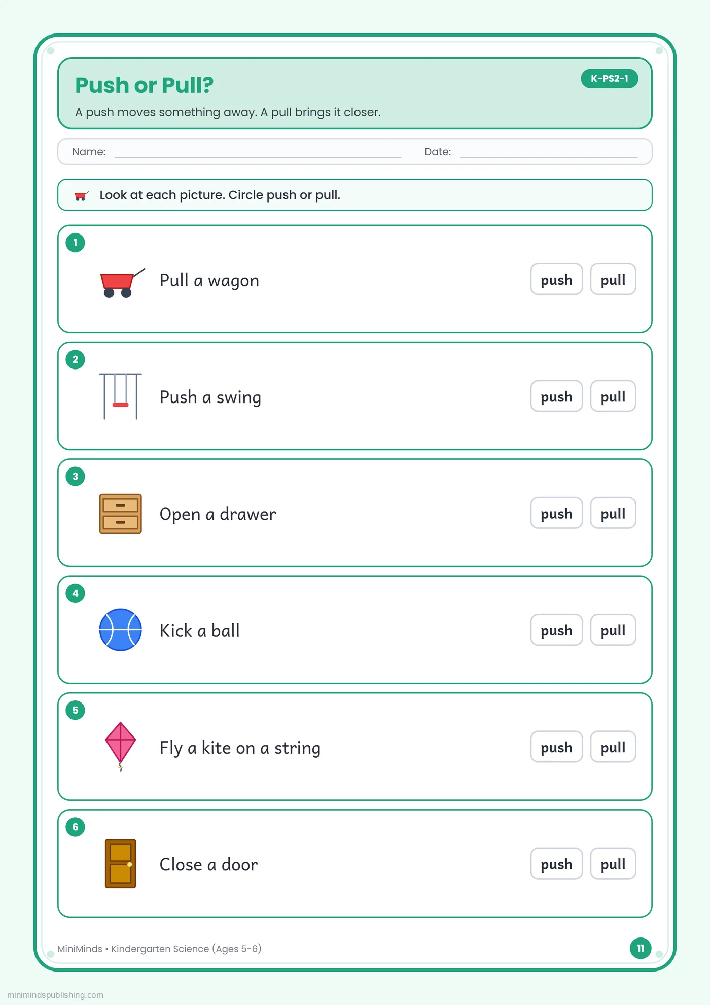 Push or Pull? (Part 2) — free printable Kindergarten science worksheet for ages 5-6