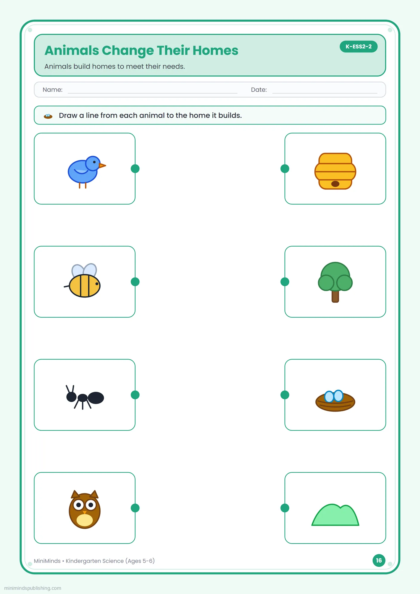 Animals Change Their Homes — free printable Kindergarten science worksheet for ages 5-6