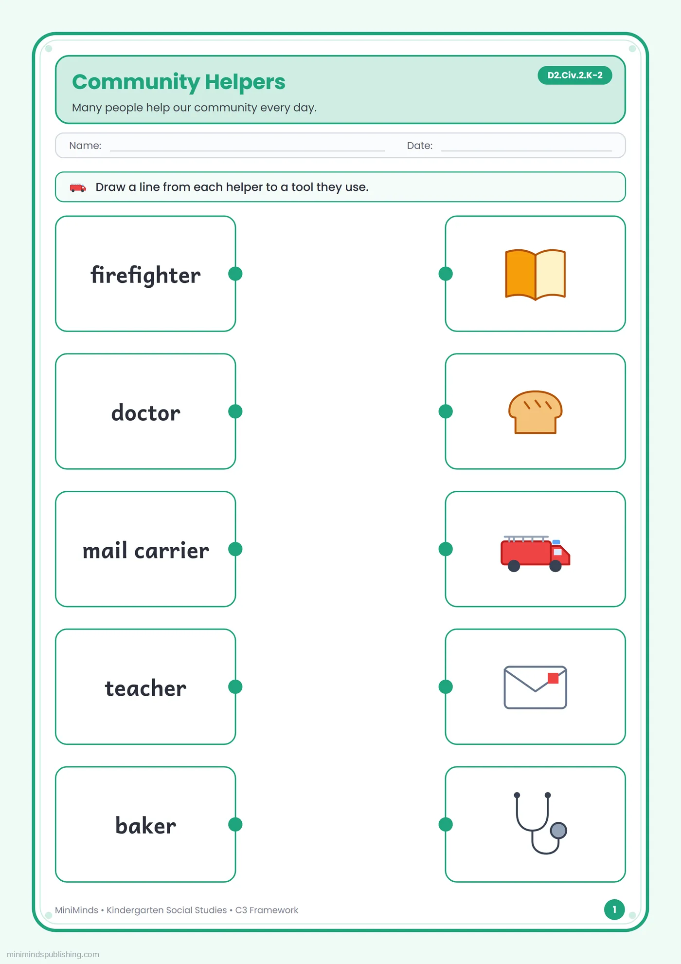 Community Helpers — free printable Kindergarten social studies worksheet for ages 5-6