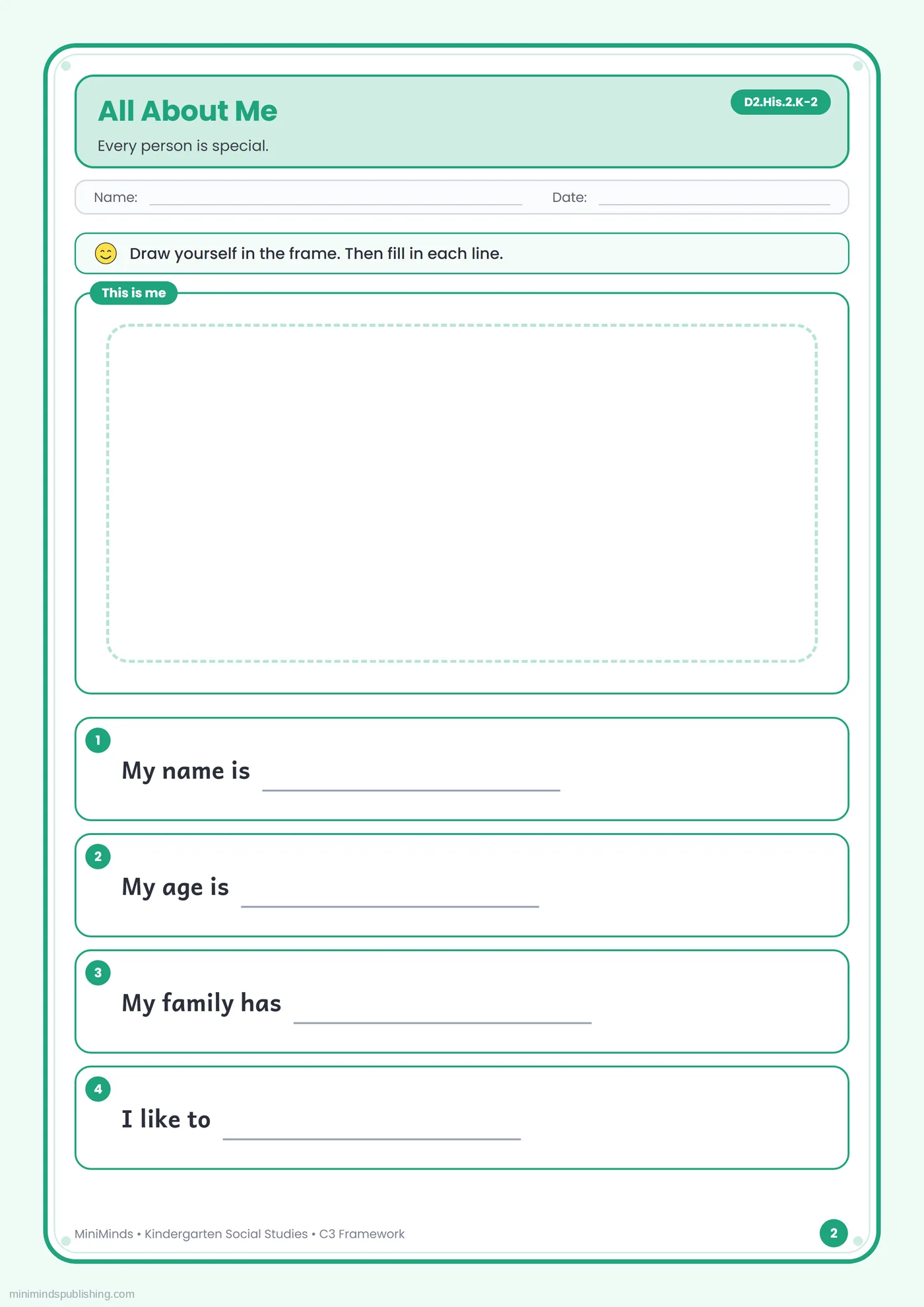 All About Me — free printable Kindergarten social studies worksheet for ages 5-6