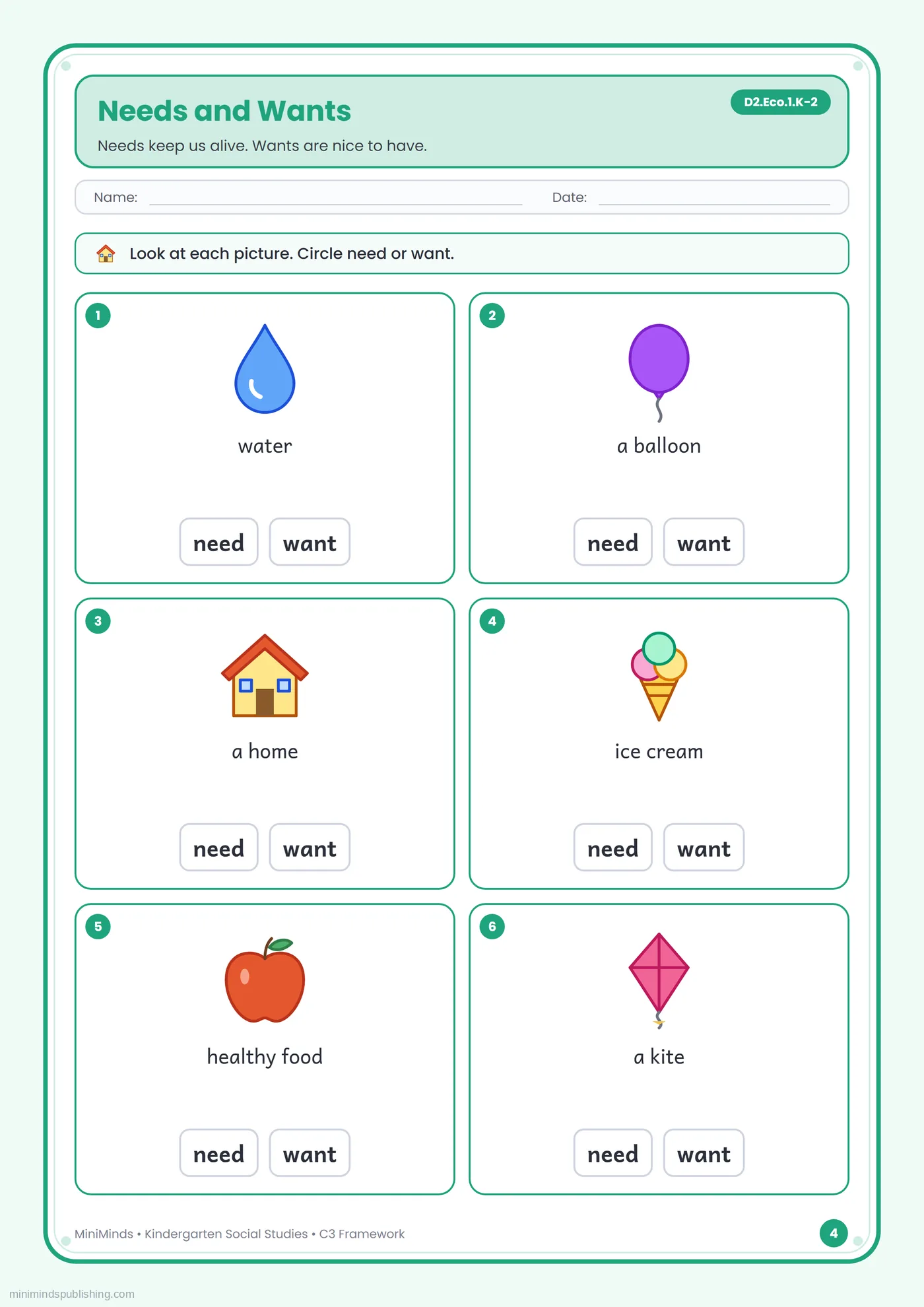 Needs and Wants — free printable Kindergarten social studies worksheet for ages 5-6