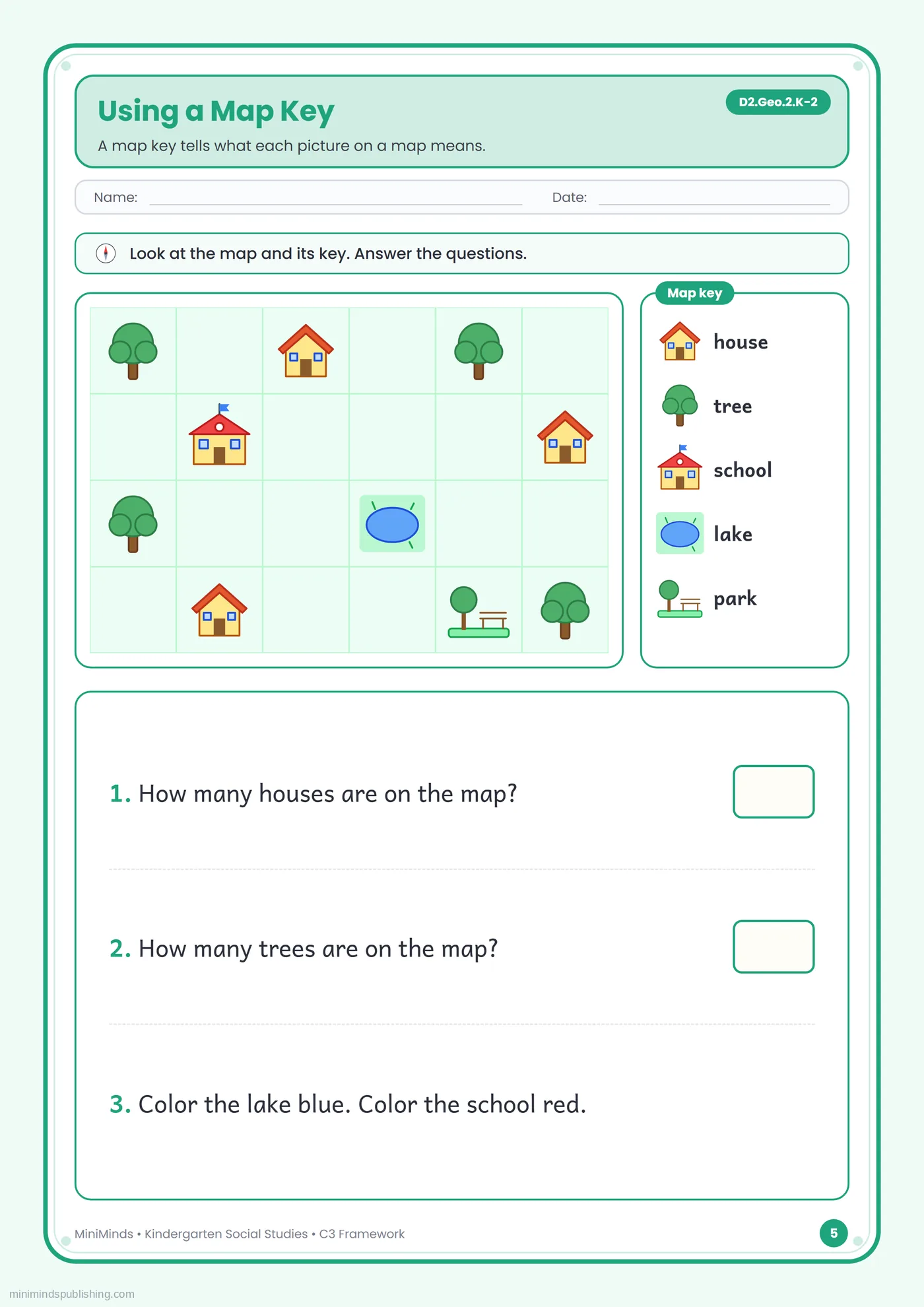 Using a Map Key — free printable Kindergarten social studies worksheet for ages 5-6