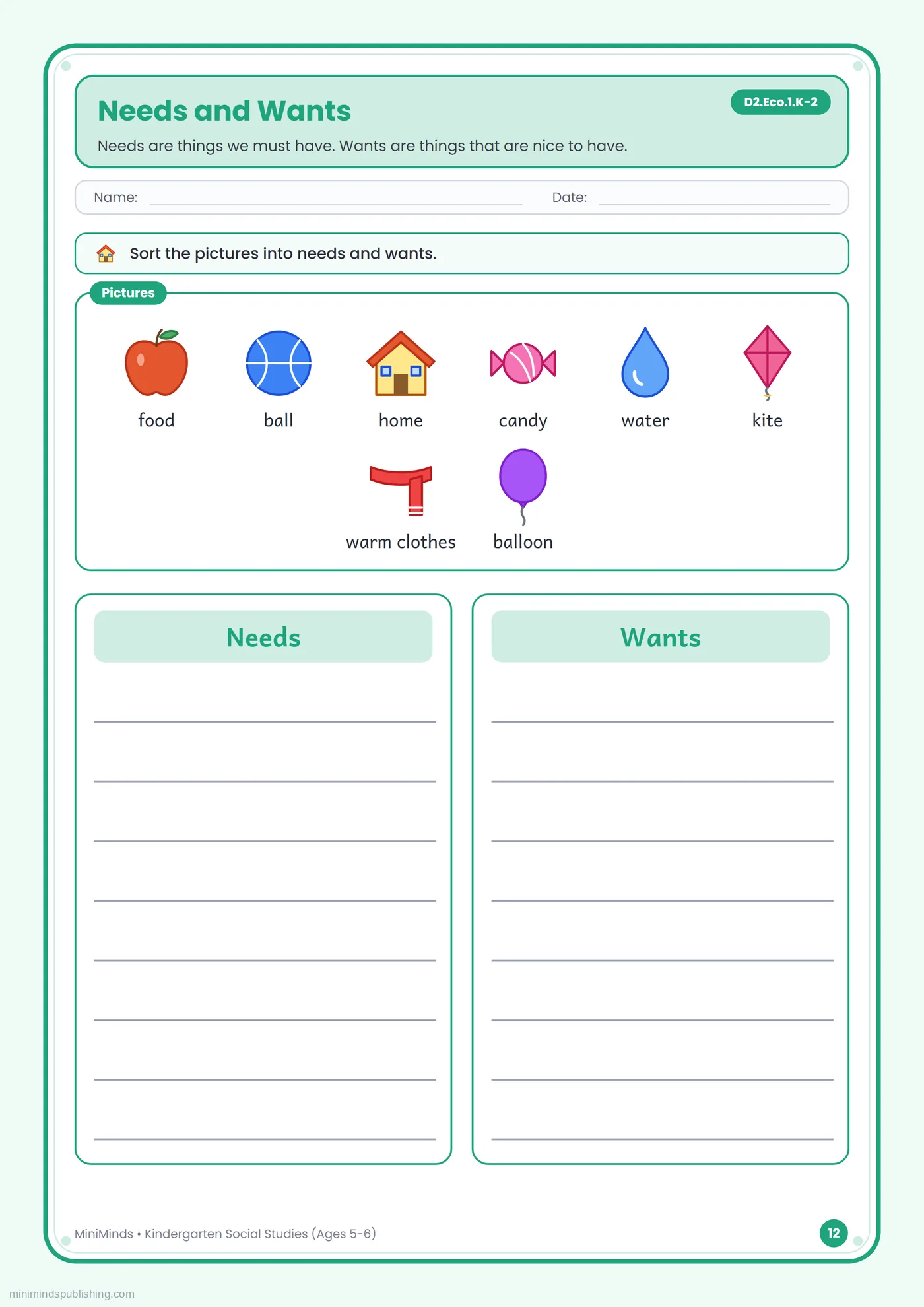 Needs and Wants (Part 2) — free printable Kindergarten social studies worksheet for ages 5-6