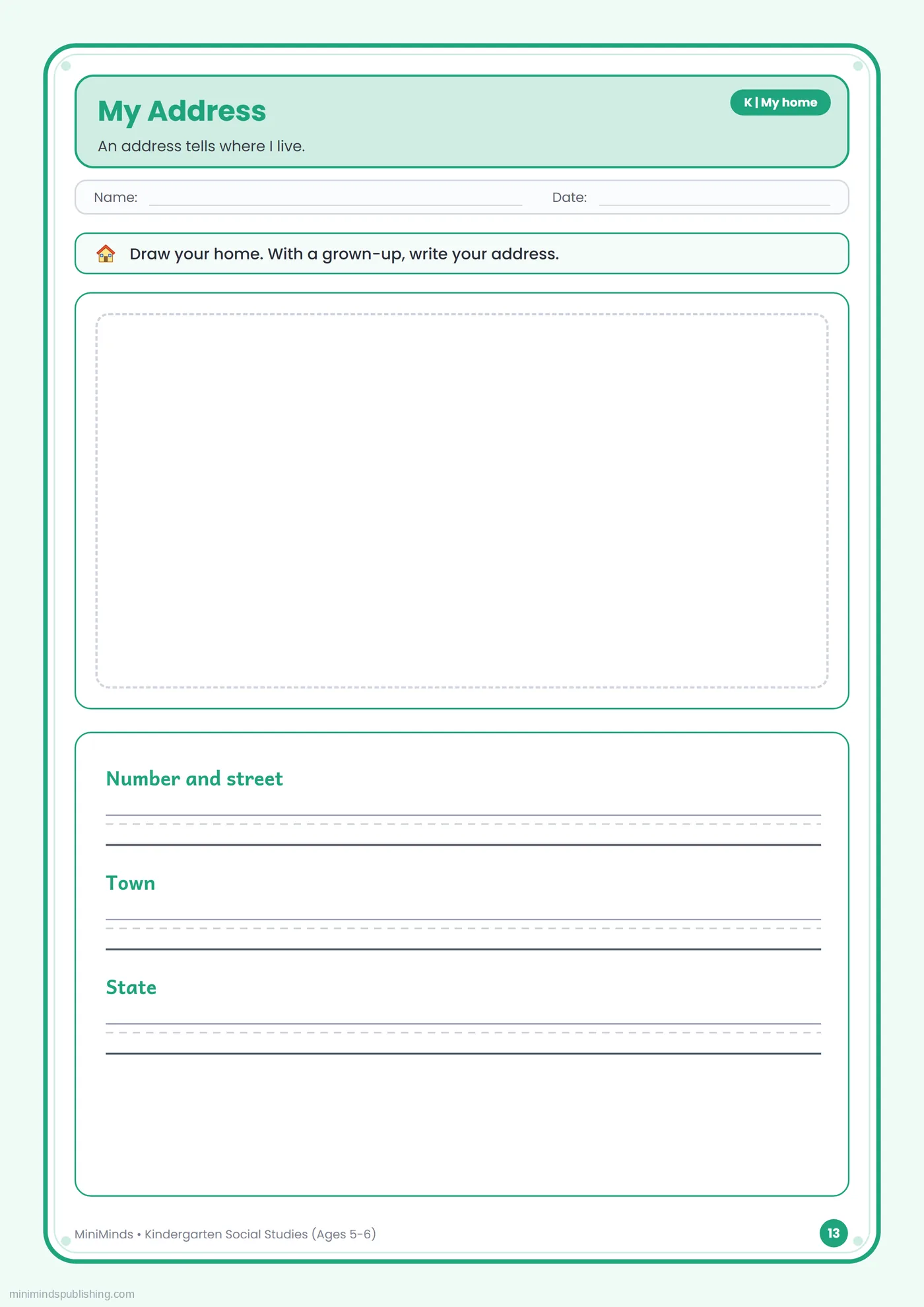My Address — free printable Kindergarten social studies worksheet for ages 5-6