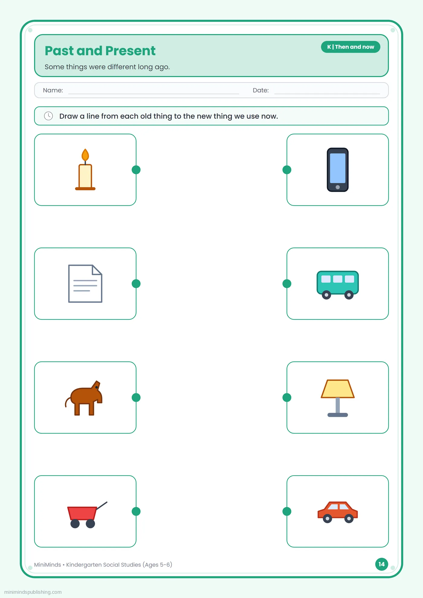 Past and Present — free printable Kindergarten social studies worksheet for ages 5-6