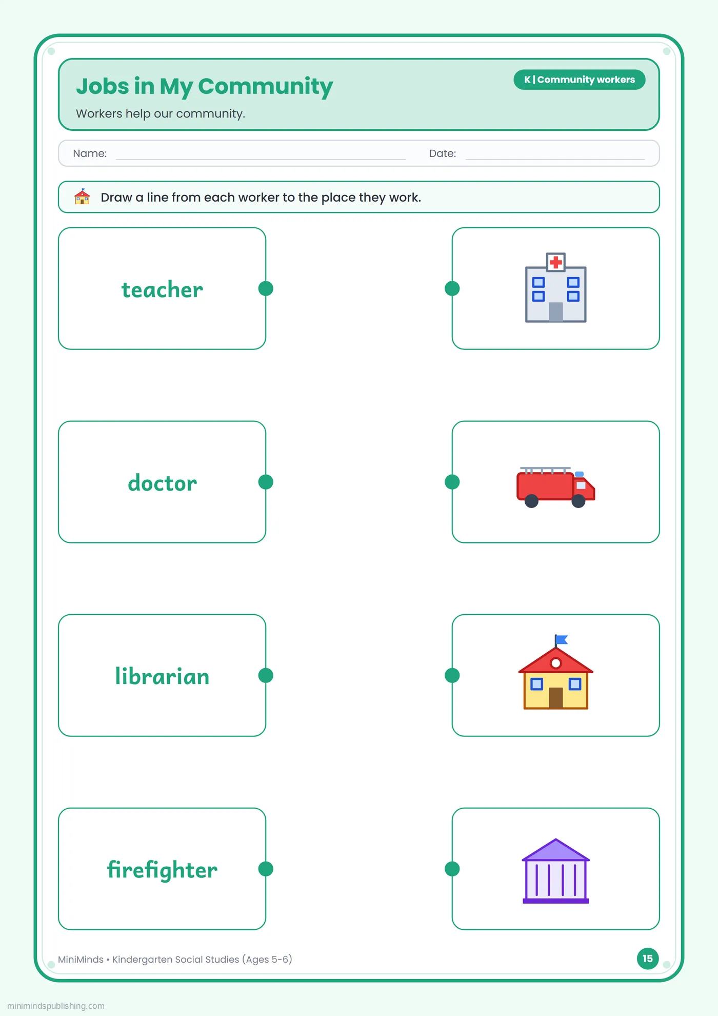 Jobs in My Community — free printable Kindergarten social studies worksheet for ages 5-6