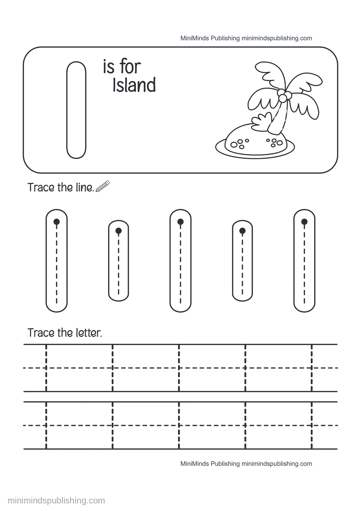 Trace the Letter I: I is for Island — free printable Pre-K alphabet tracing worksheet for ages 3-5