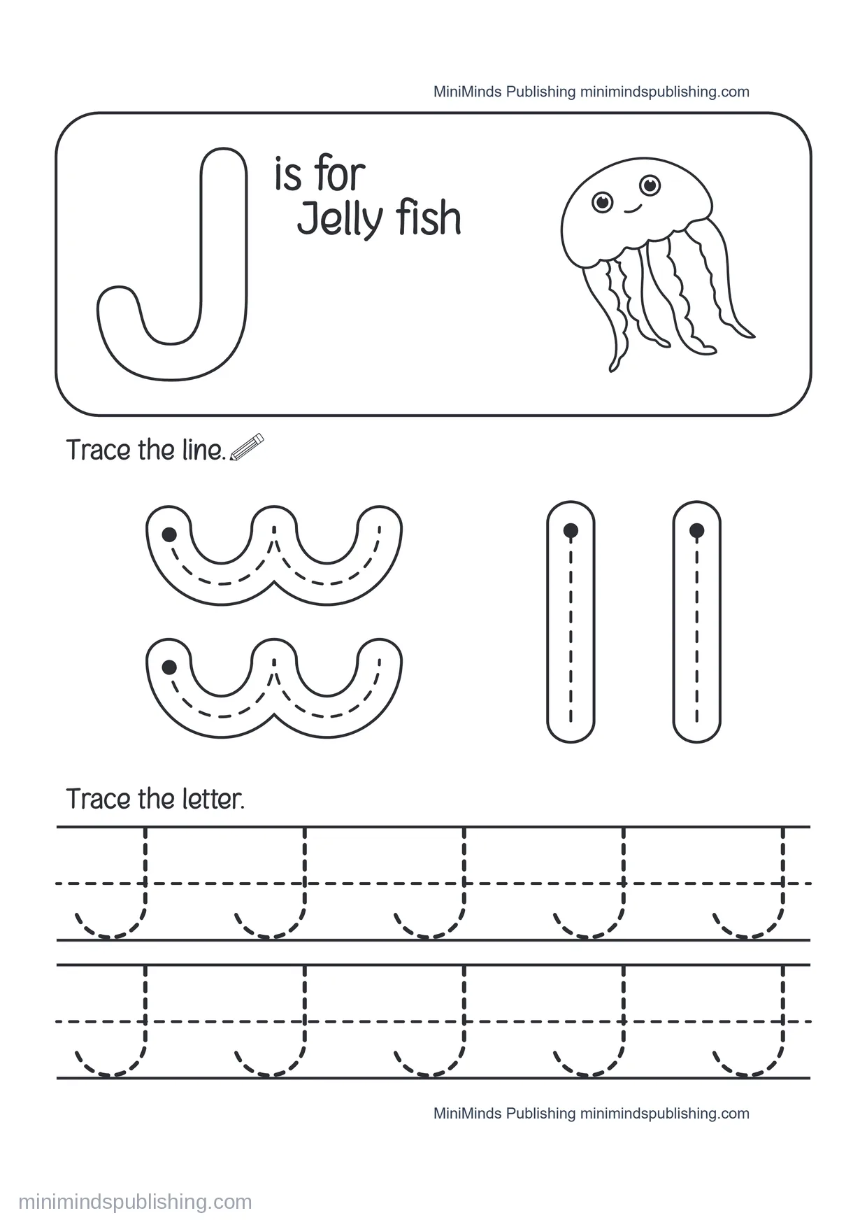 Trace the Letter J: J is for Jellyfish — free printable Pre-K alphabet tracing worksheet for ages 3-5