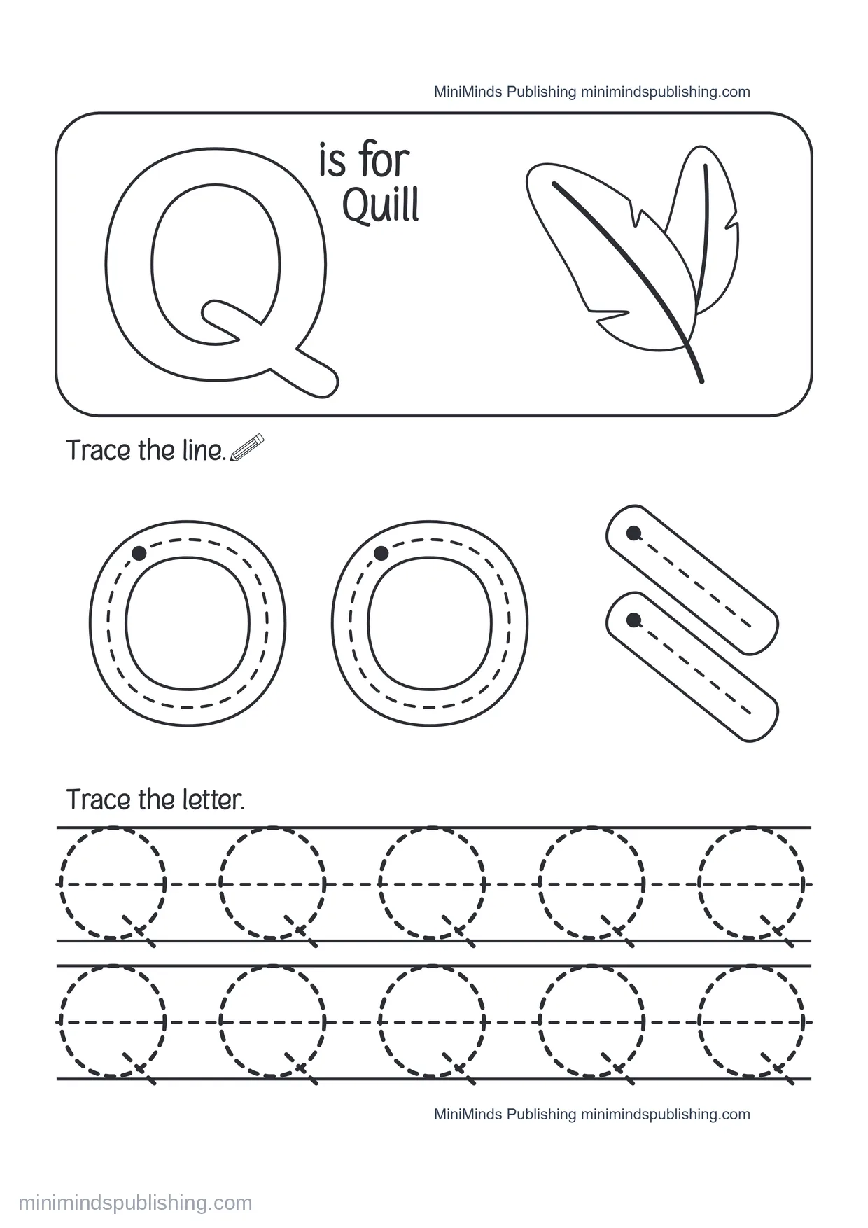 Trace the Letter Q: Q is for Quill — free printable Pre-K alphabet tracing worksheet for ages 3-5