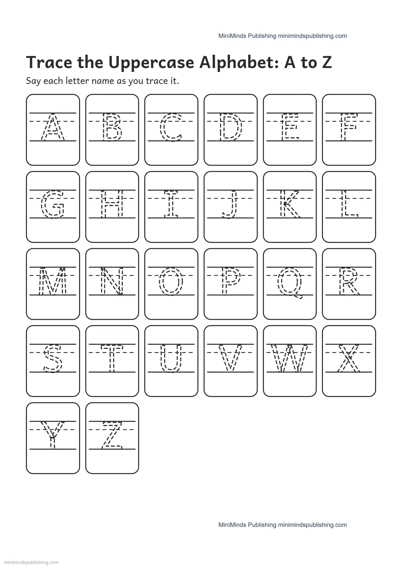 Trace the Uppercase Alphabet: A to Z — free printable Pre-K alphabet tracing worksheet for ages 3-5