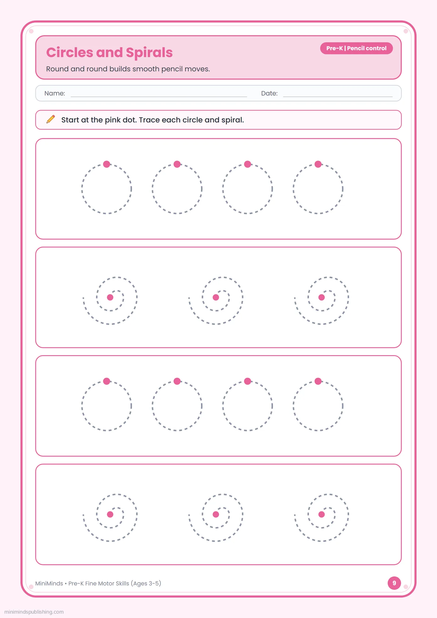 Circles and Spirals — free printable Pre-K fine motor skills worksheet for ages 3-5