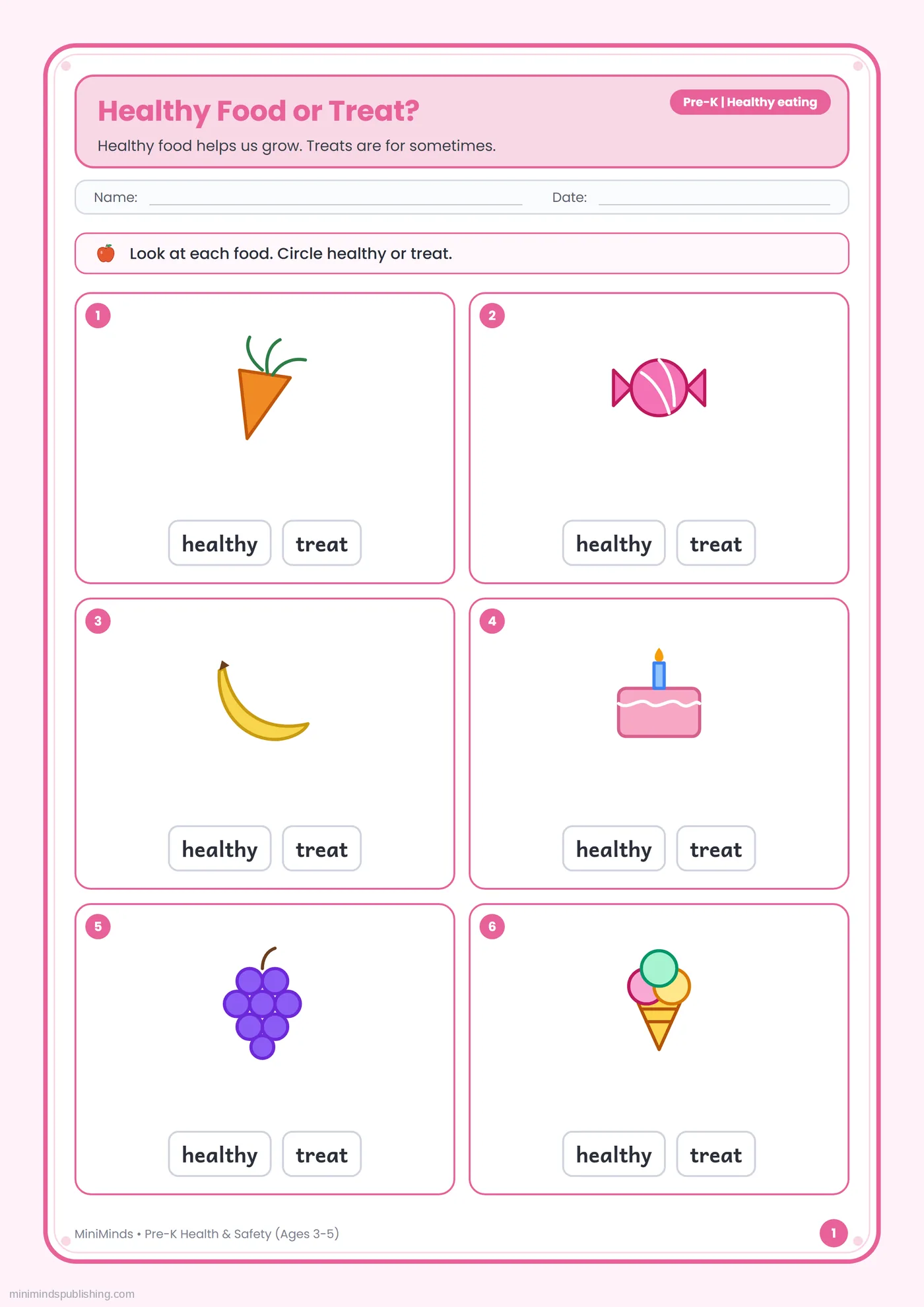Healthy Food or Treat? — free printable Pre-K health & safety worksheet for ages 3-5