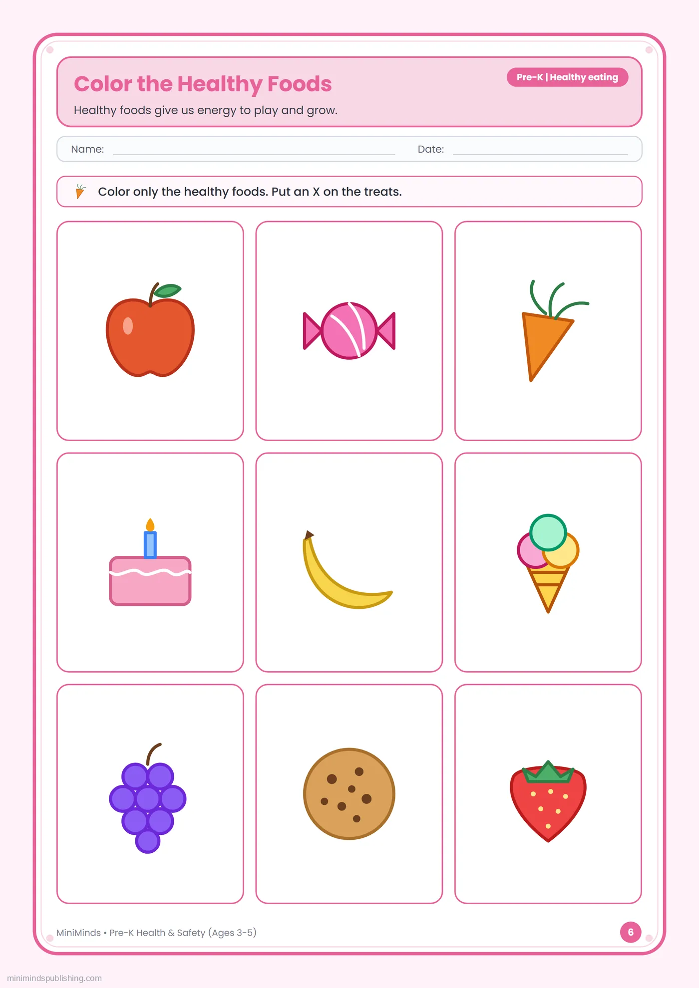 Color the Healthy Foods — free printable Pre-K health & safety worksheet for ages 3-5