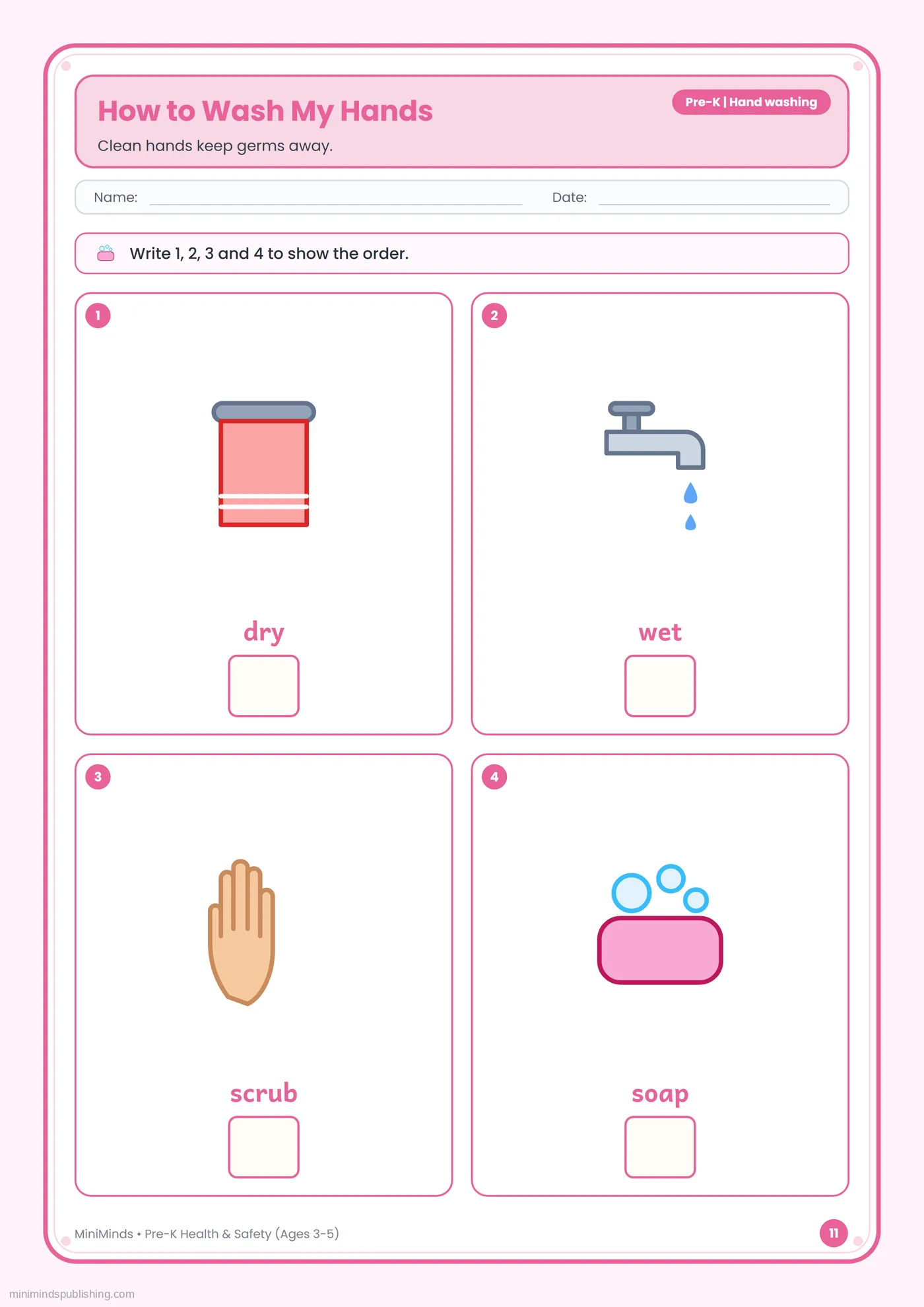How to Wash My Hands — free printable Pre-K health & safety worksheet for ages 3-5