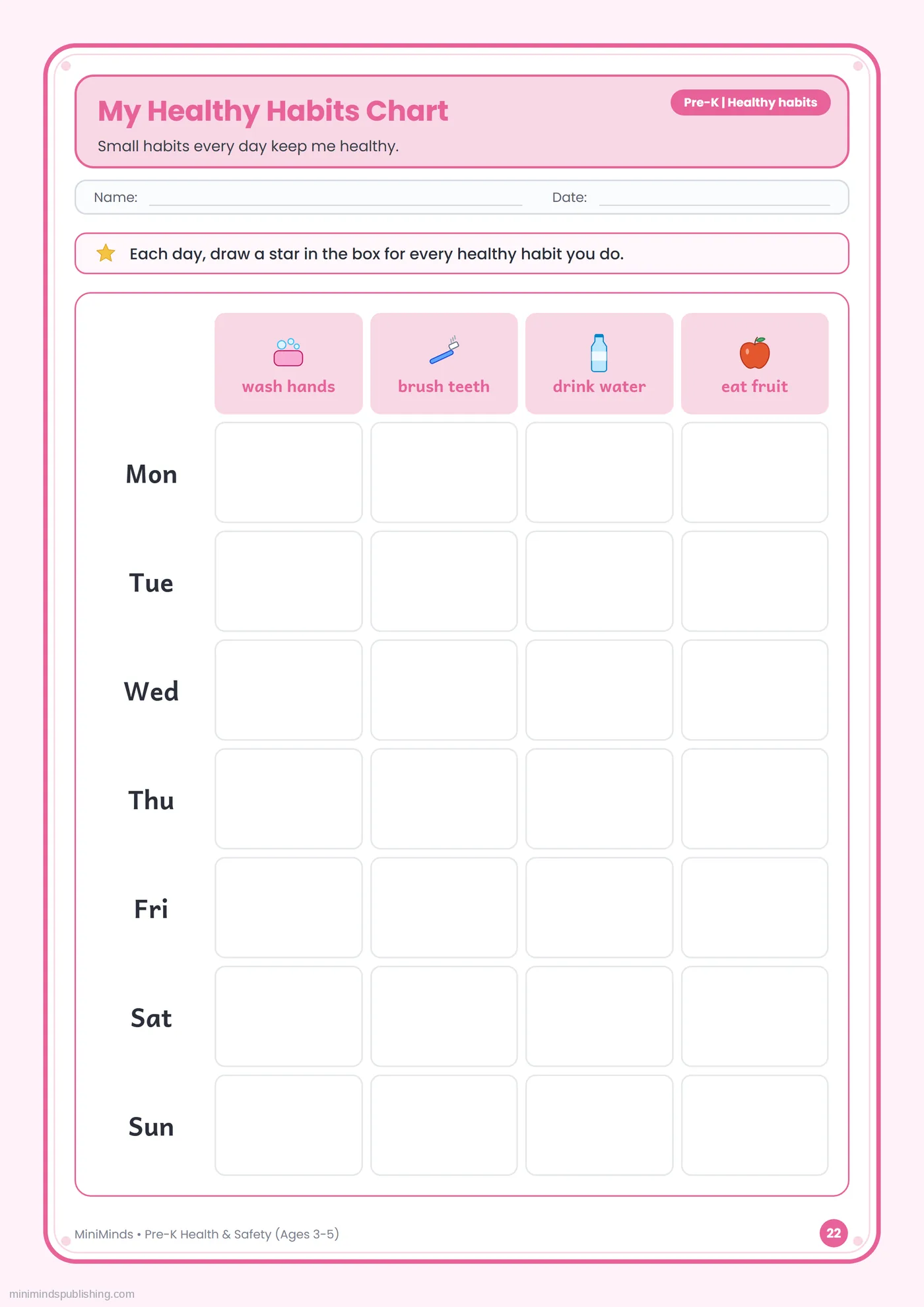 My Healthy Habits Chart — free printable Pre-K health & safety worksheet for ages 3-5