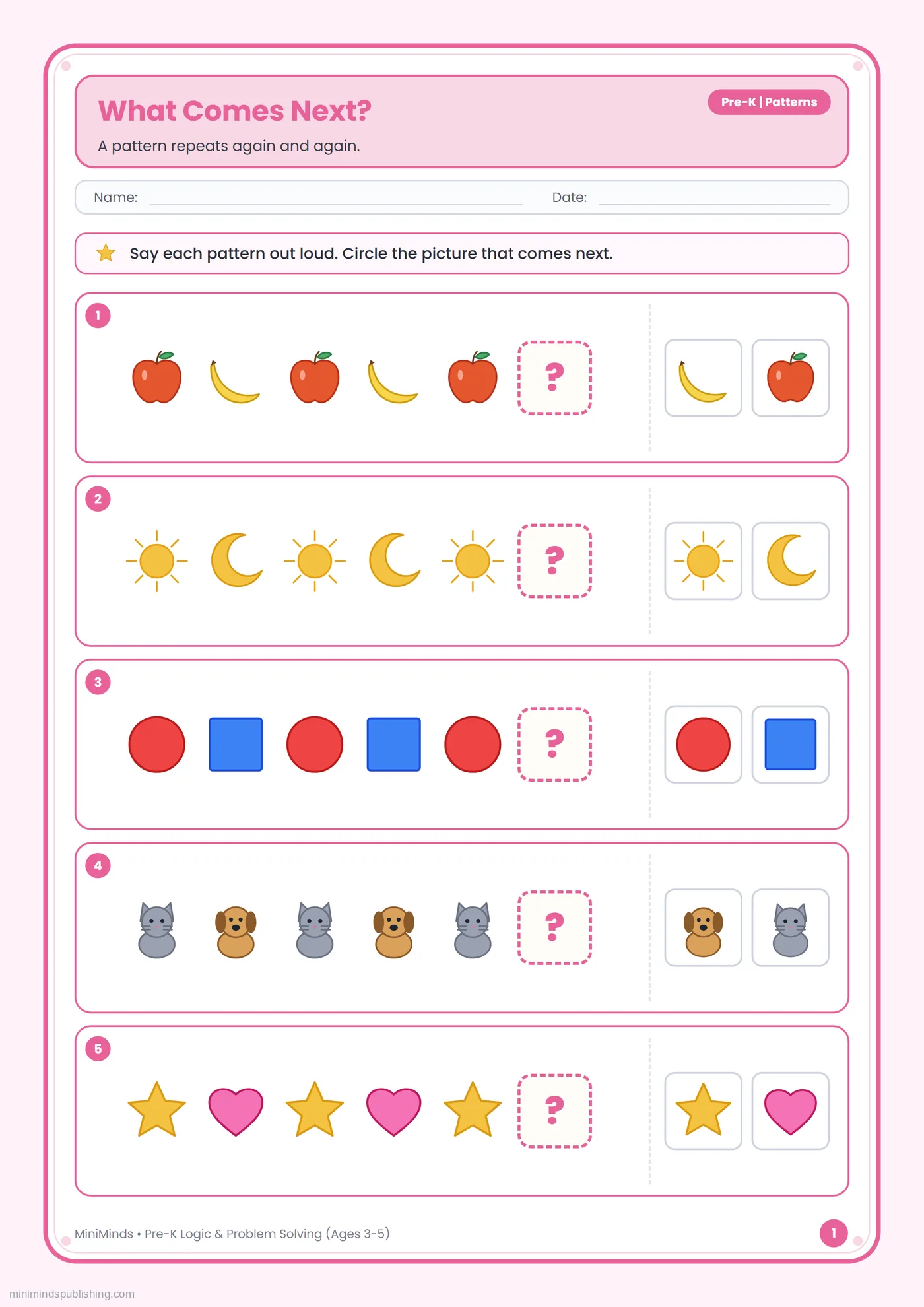 What Comes Next? — free printable Pre-K logic & problem solving worksheet for ages 3-5