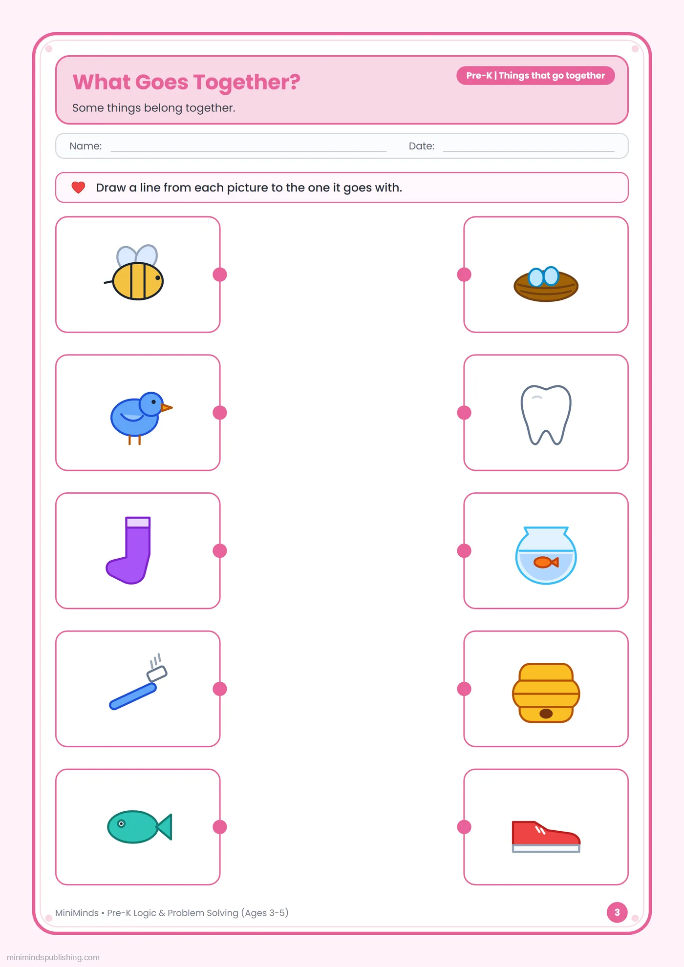 What Goes Together? — free printable Pre-K logic & problem solving worksheet for ages 3-5