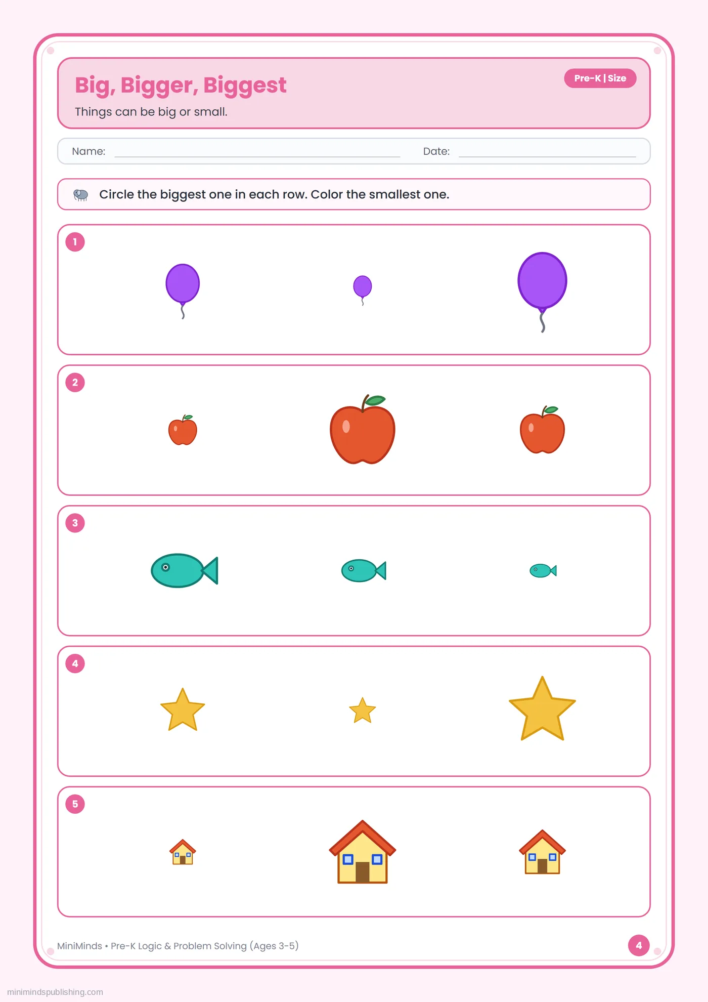 Big, Bigger, Biggest — free printable Pre-K logic & problem solving worksheet for ages 3-5