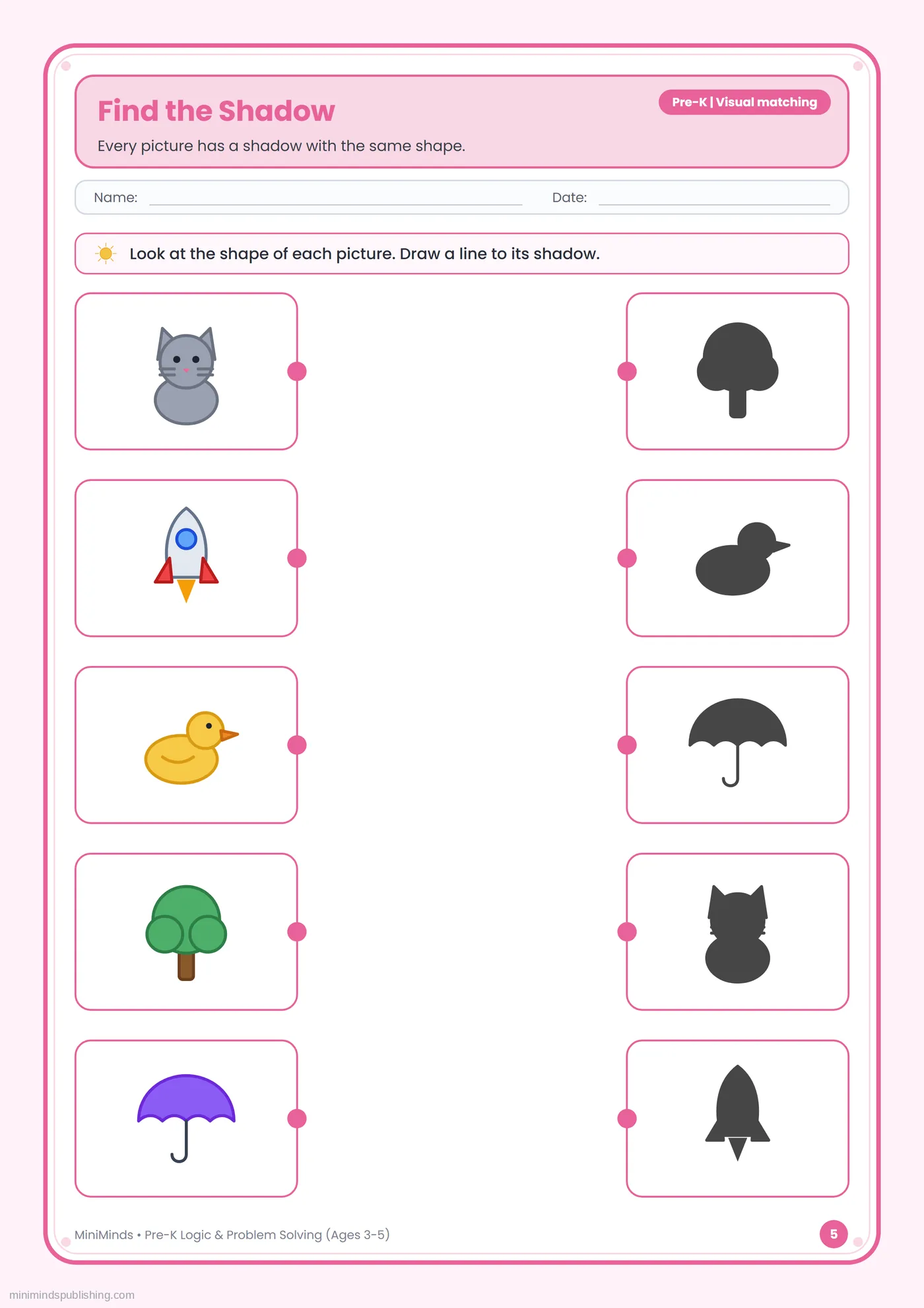 Find the Shadow — free printable Pre-K logic & problem solving worksheet for ages 3-5