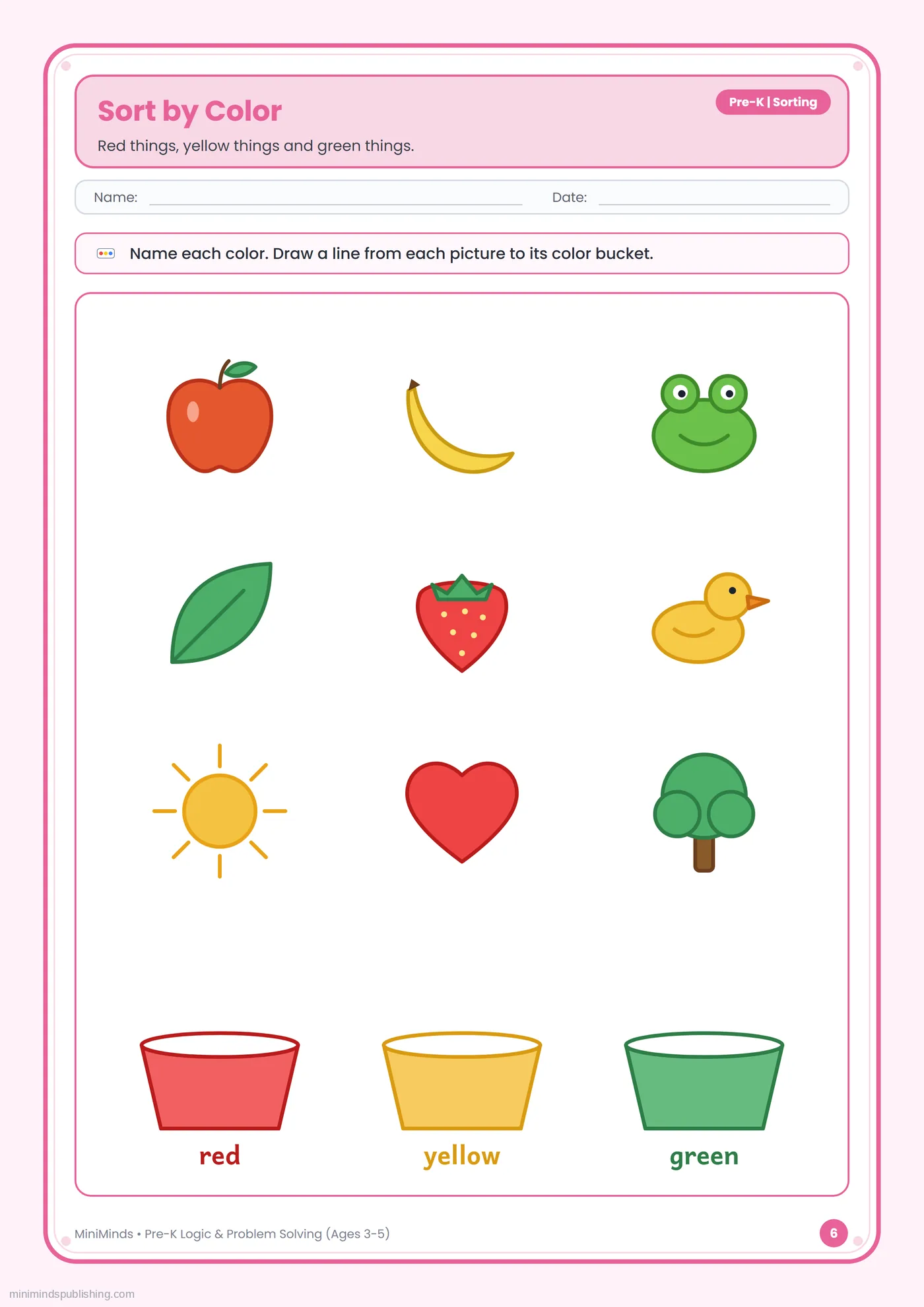 Sort by Color — free printable Pre-K logic & problem solving worksheet for ages 3-5