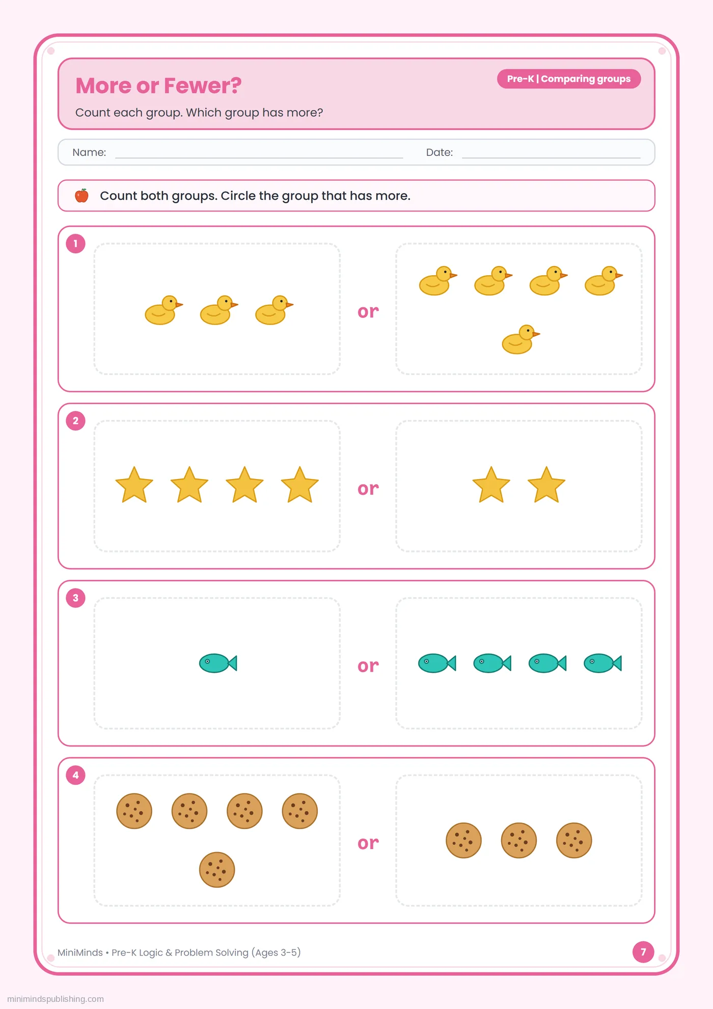 More or Fewer? — free printable Pre-K logic & problem solving worksheet for ages 3-5
