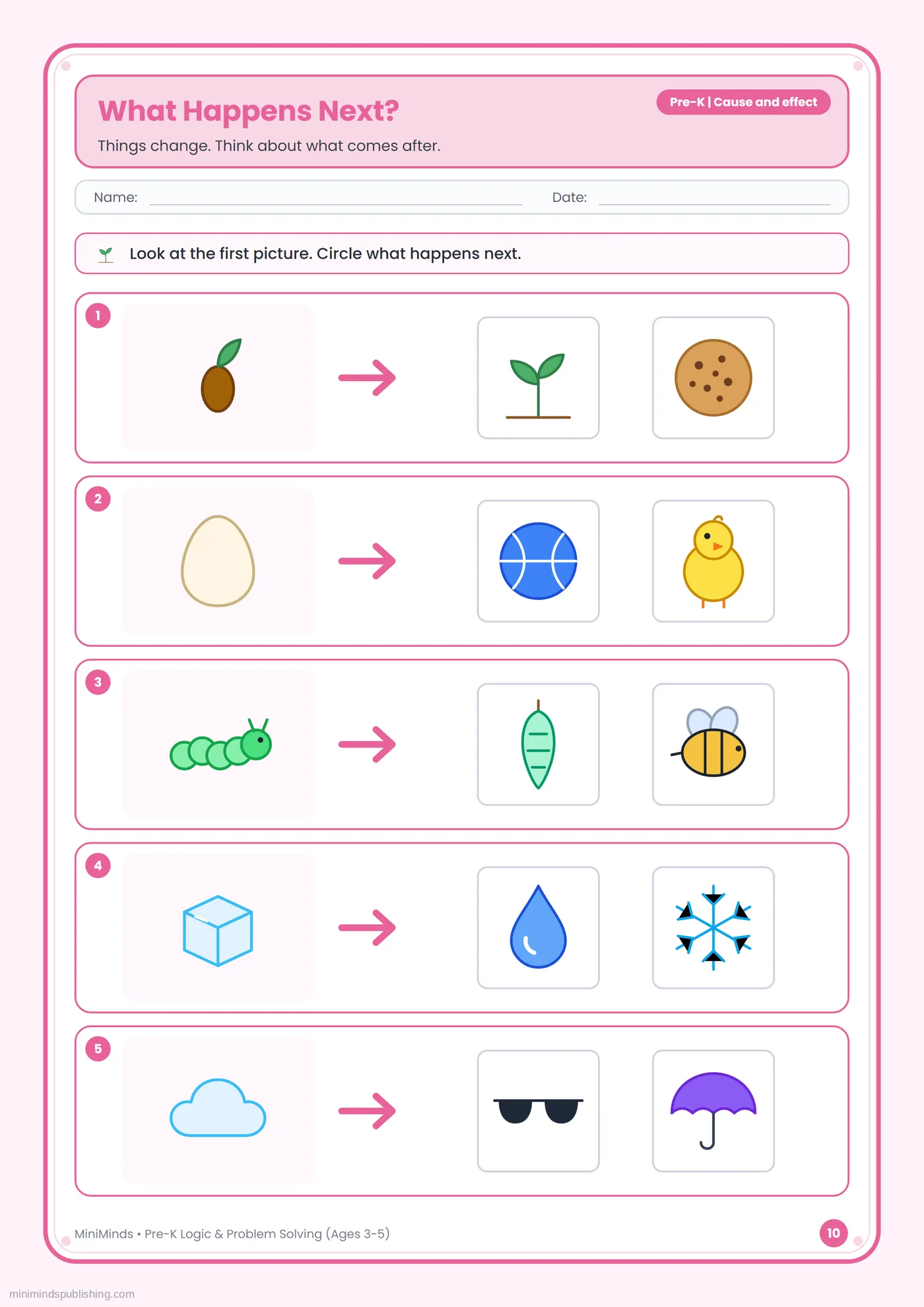 What Happens Next? — free printable Pre-K logic & problem solving worksheet for ages 3-5