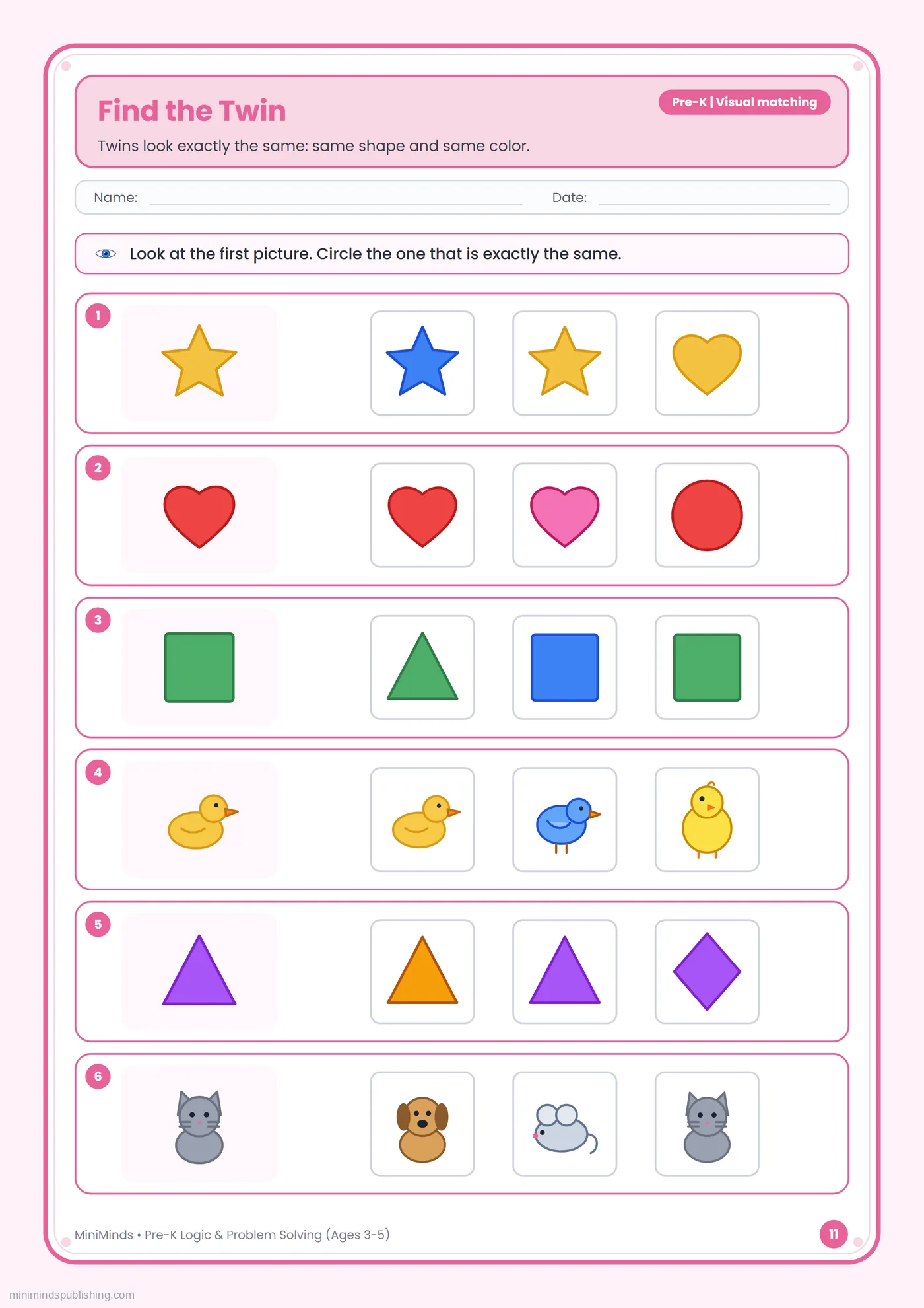 Find the Twin — free printable Pre-K logic & problem solving worksheet for ages 3-5