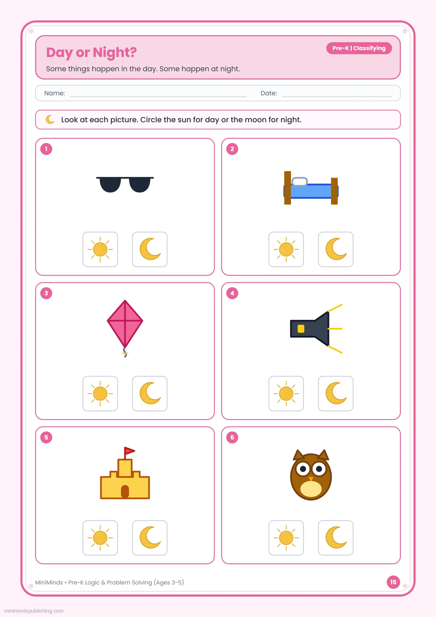 Day or Night? — free printable Pre-K logic & problem solving worksheet for ages 3-5