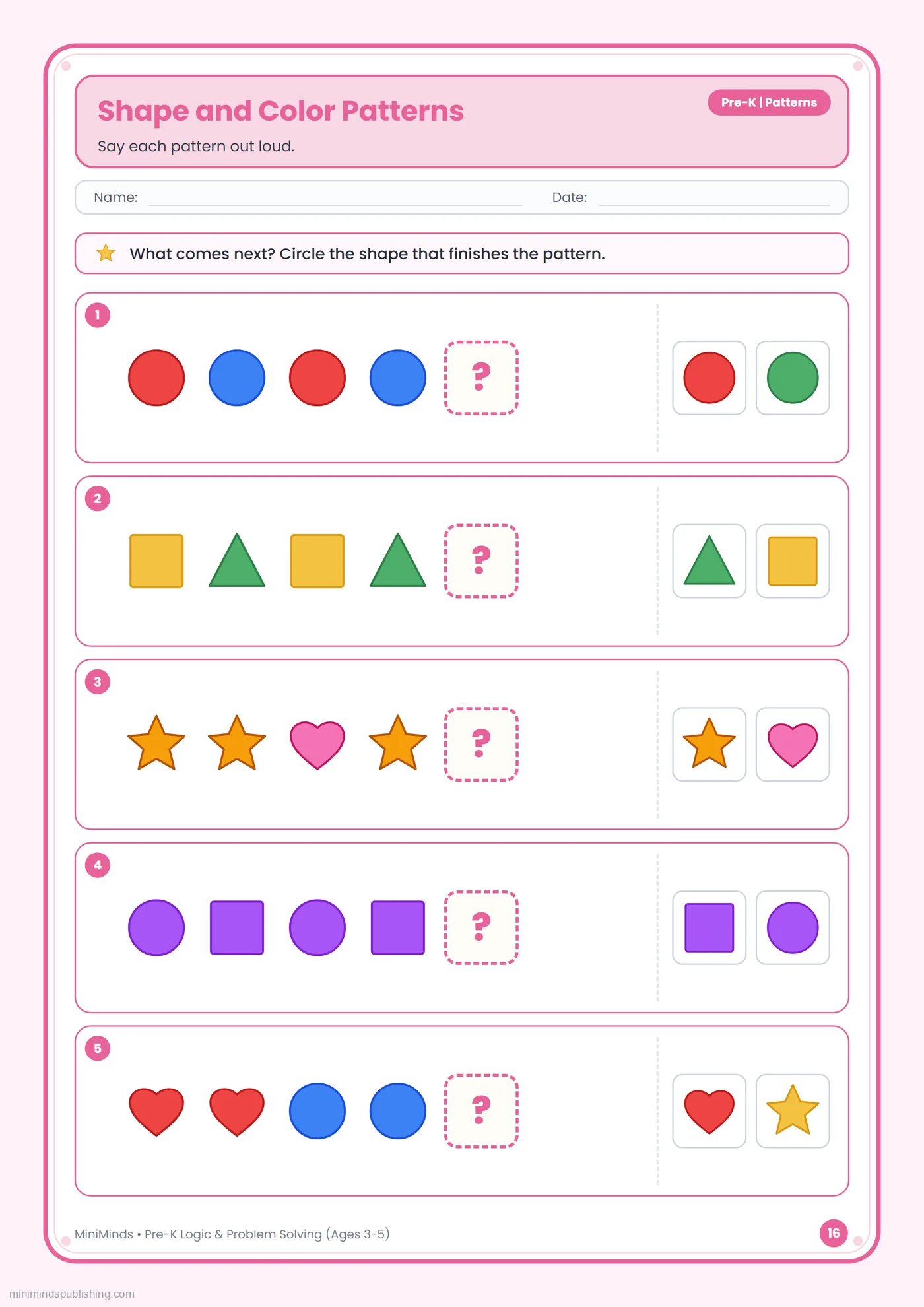 Shape and Color Patterns — free printable Pre-K logic & problem solving worksheet for ages 3-5