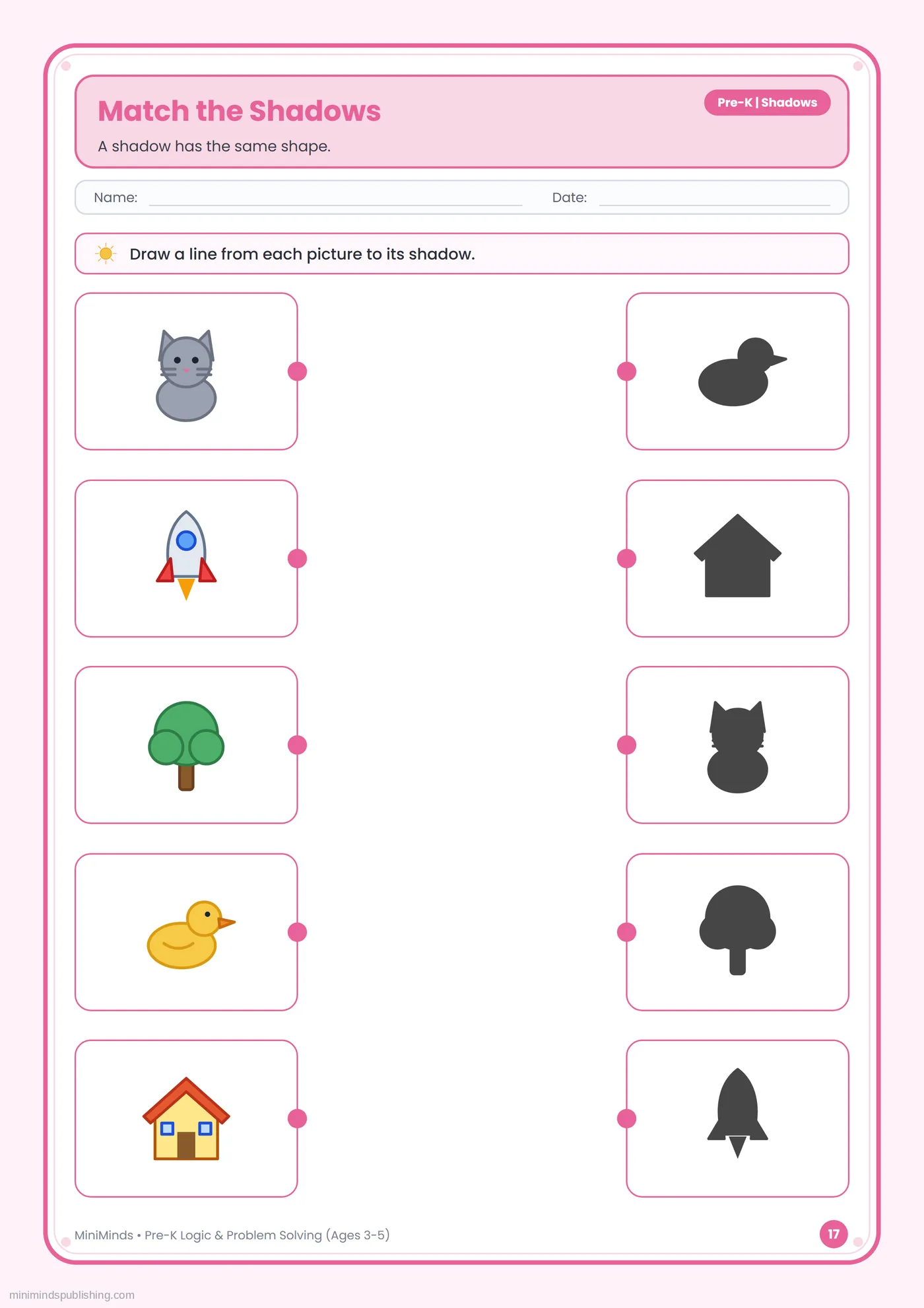 Match the Shadows — free printable Pre-K logic & problem solving worksheet for ages 3-5