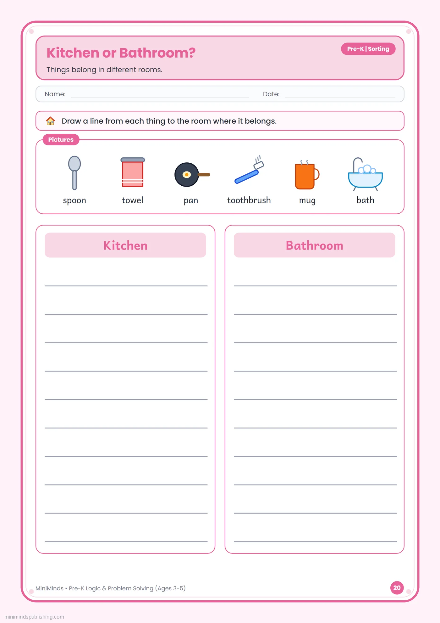Kitchen or Bathroom? — free printable Pre-K logic & problem solving worksheet for ages 3-5