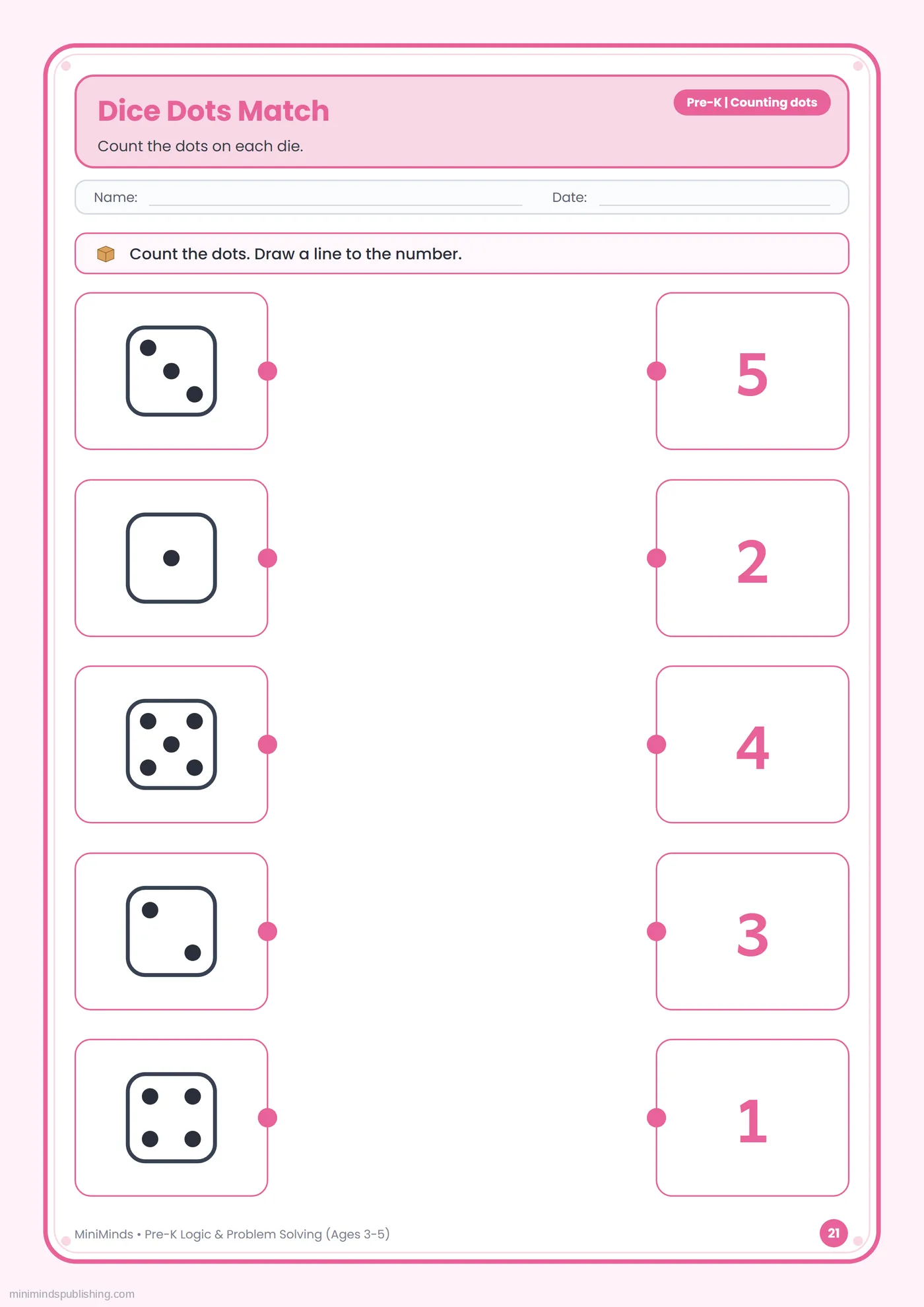 Dice Dots Match — free printable Pre-K logic & problem solving worksheet for ages 3-5