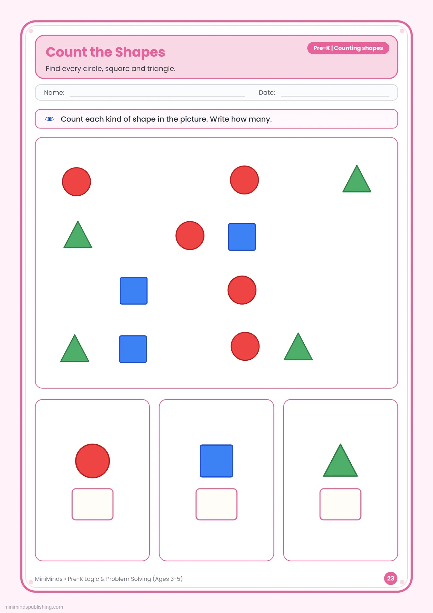 Count the Shapes — free printable Pre-K logic & problem solving worksheet for ages 3-5