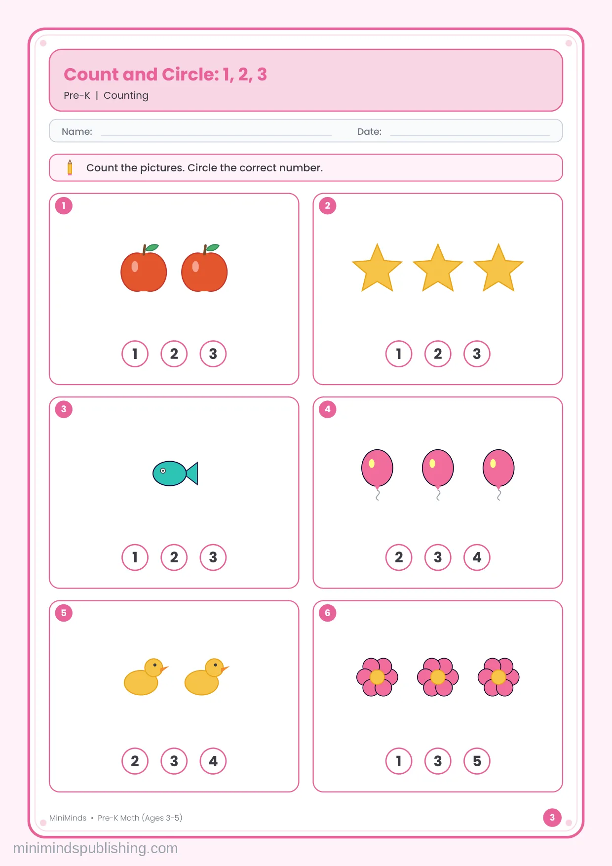 Count and Circle: 1, 2, 3 — free printable Pre-K math worksheet for ages 3-5