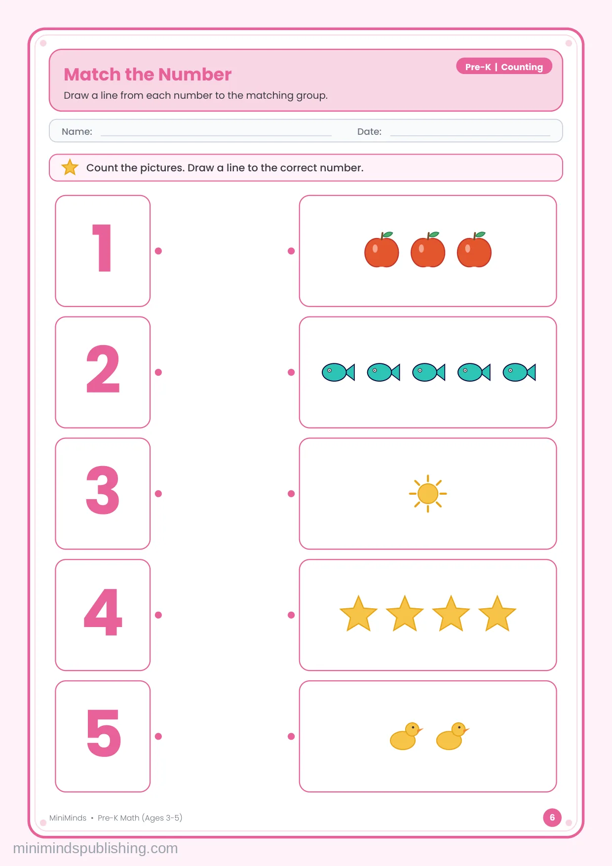 Match the Number — free printable Pre-K math worksheet for ages 3-5