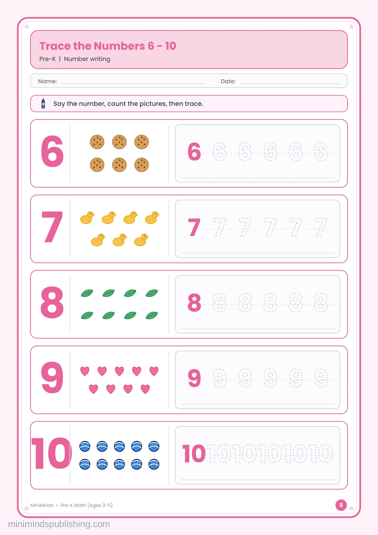 Trace the Numbers 6 - 10 — free printable Pre-K math worksheet for ages 3-5