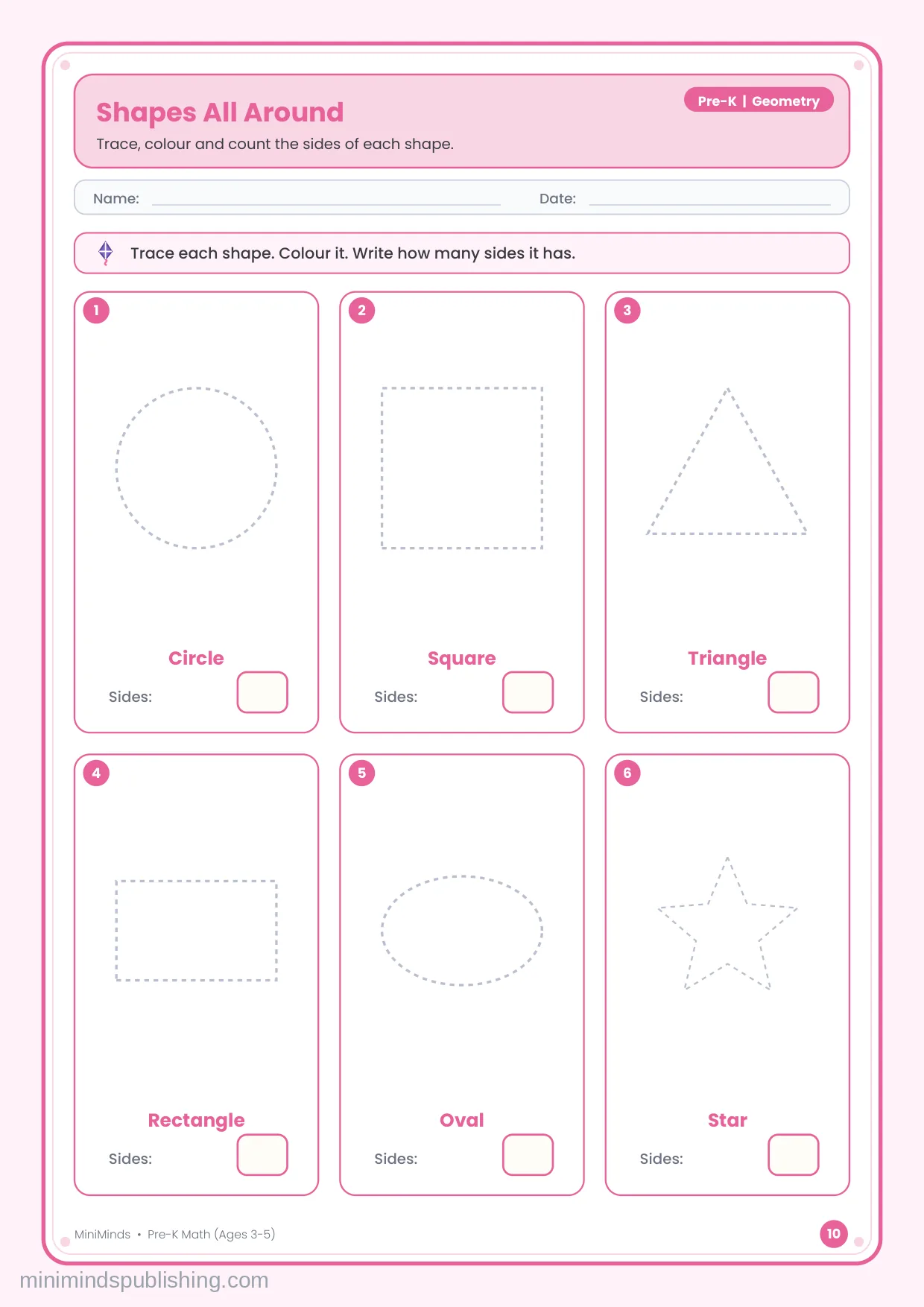 Shapes All Around — free printable Pre-K math worksheet for ages 3-5