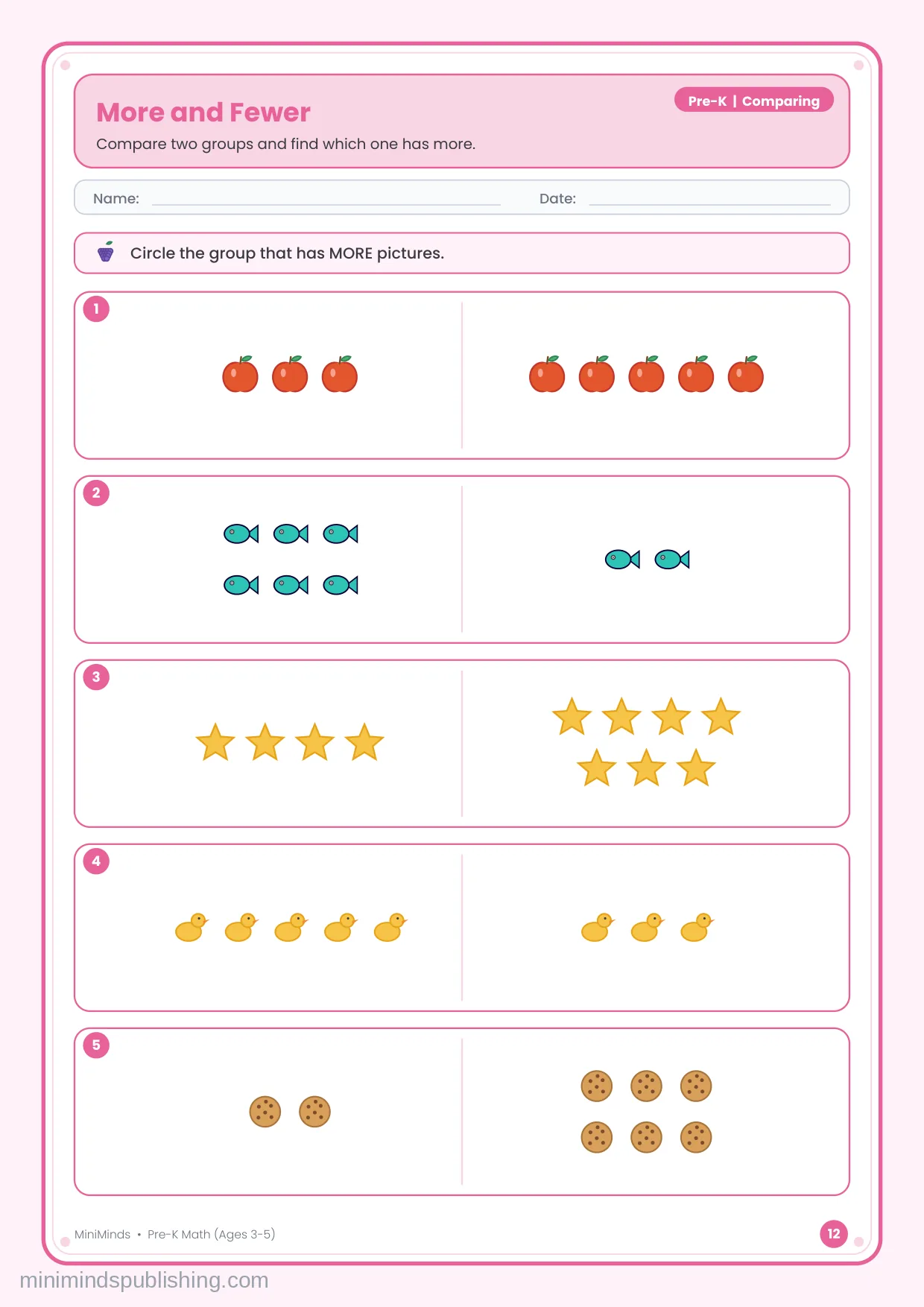 More and Fewer — free printable Pre-K math worksheet for ages 3-5