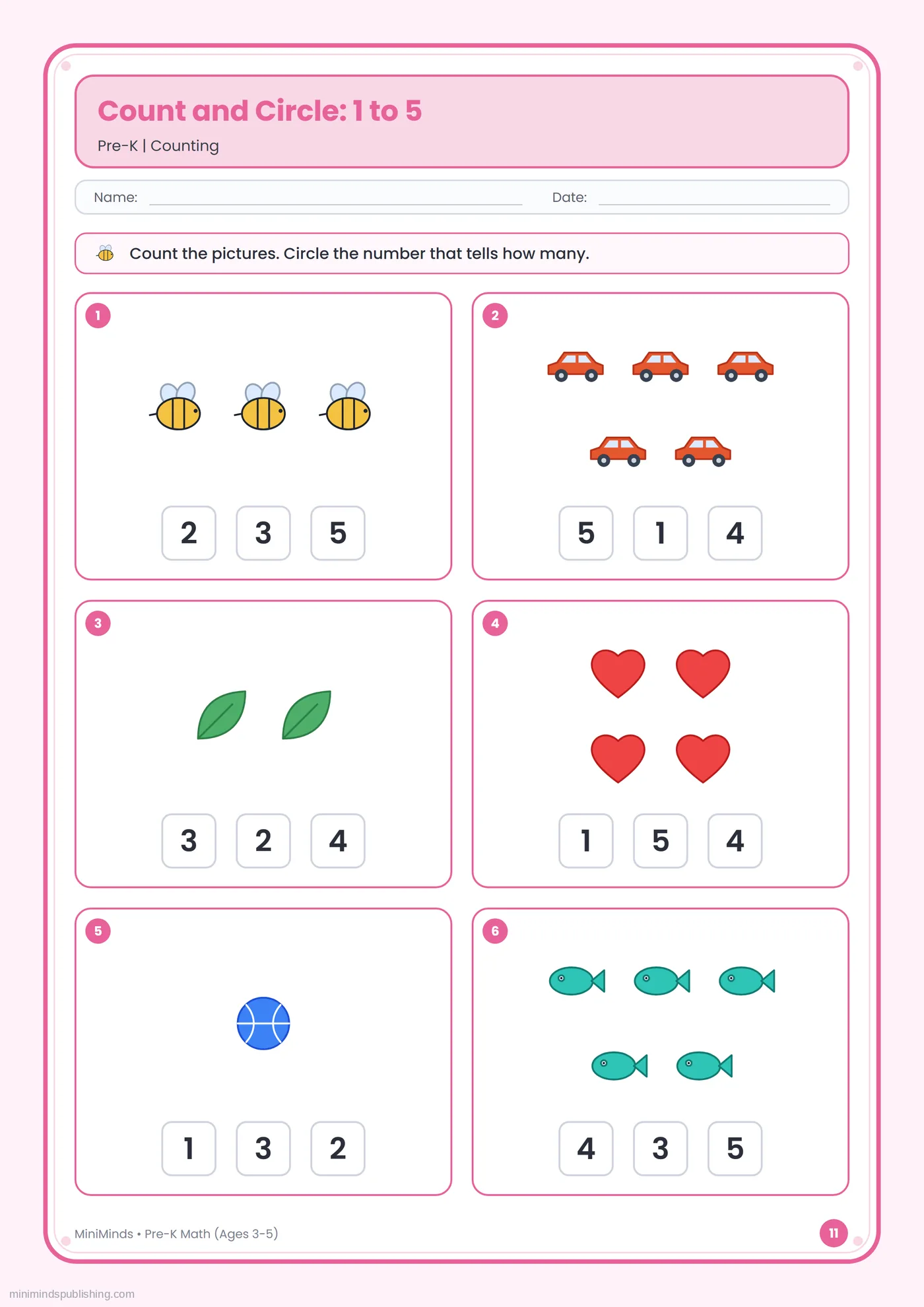 Count and Circle: 1 to 5 — free printable Pre-K math worksheet for ages 3-5