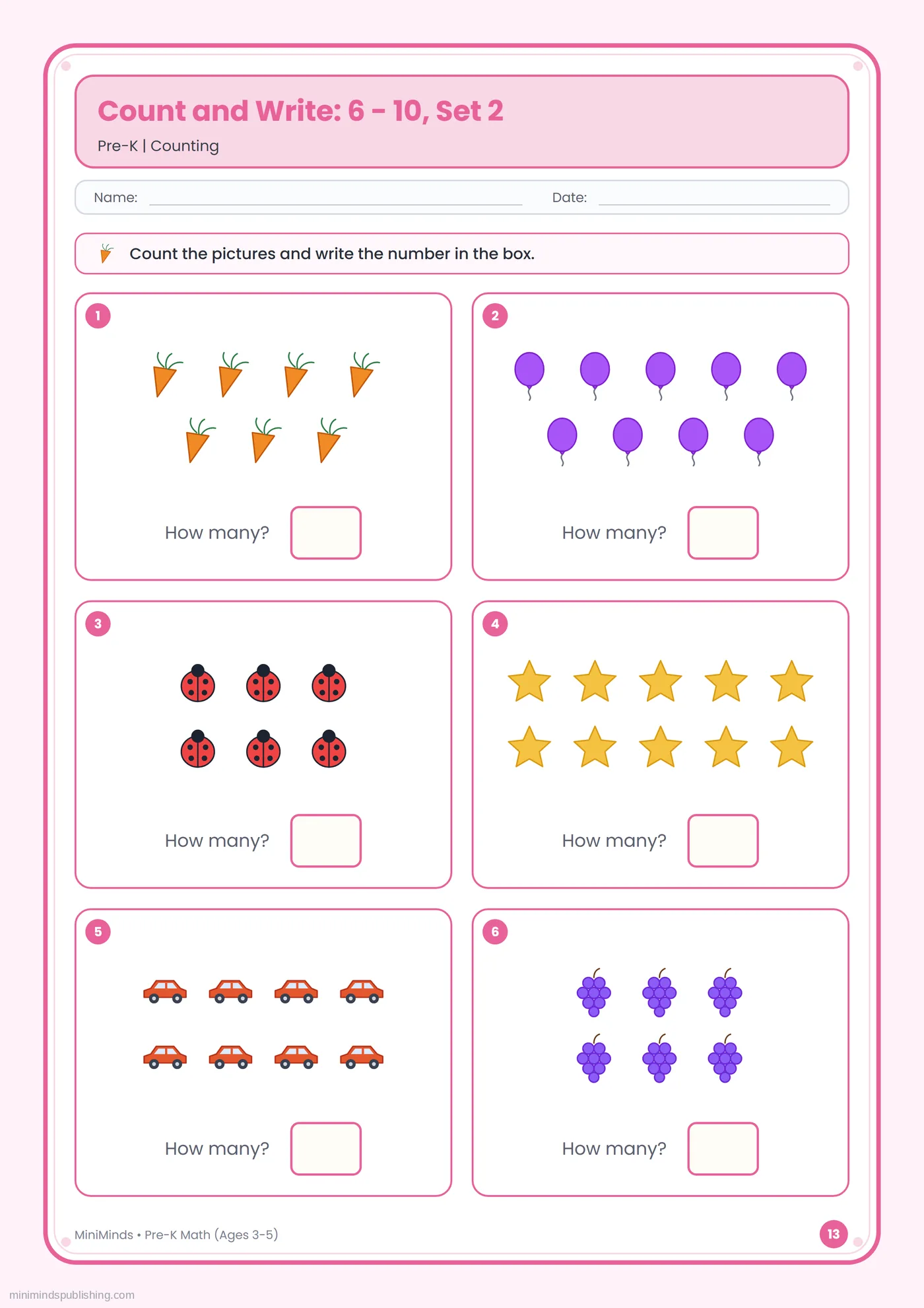 Count and Write: 6 - 10, Set 2 — free printable Pre-K math worksheet for ages 3-5