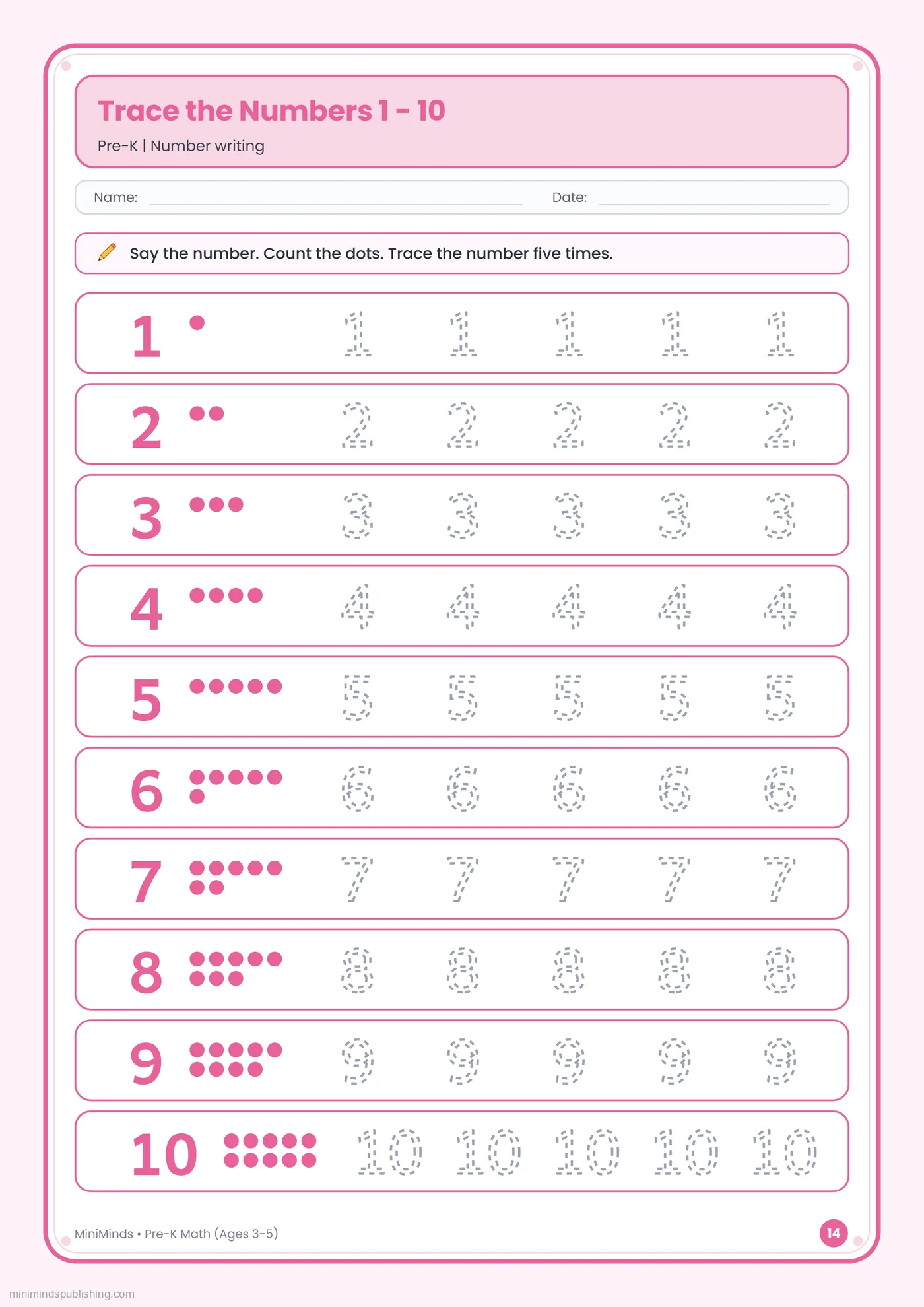 Trace the Numbers 1 - 10 — free printable Pre-K math worksheet for ages 3-5