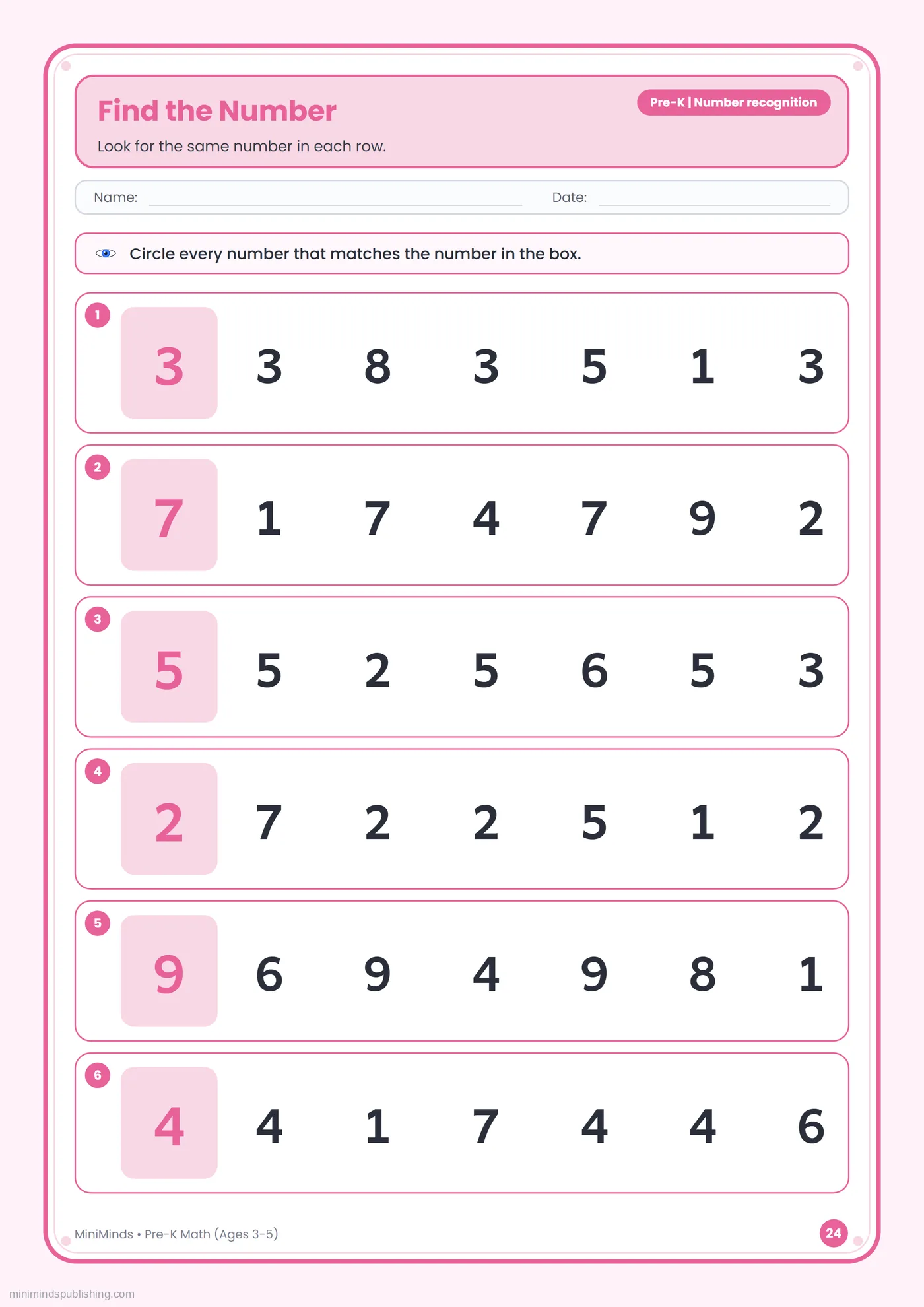 Find the Number — free printable Pre-K math worksheet for ages 3-5